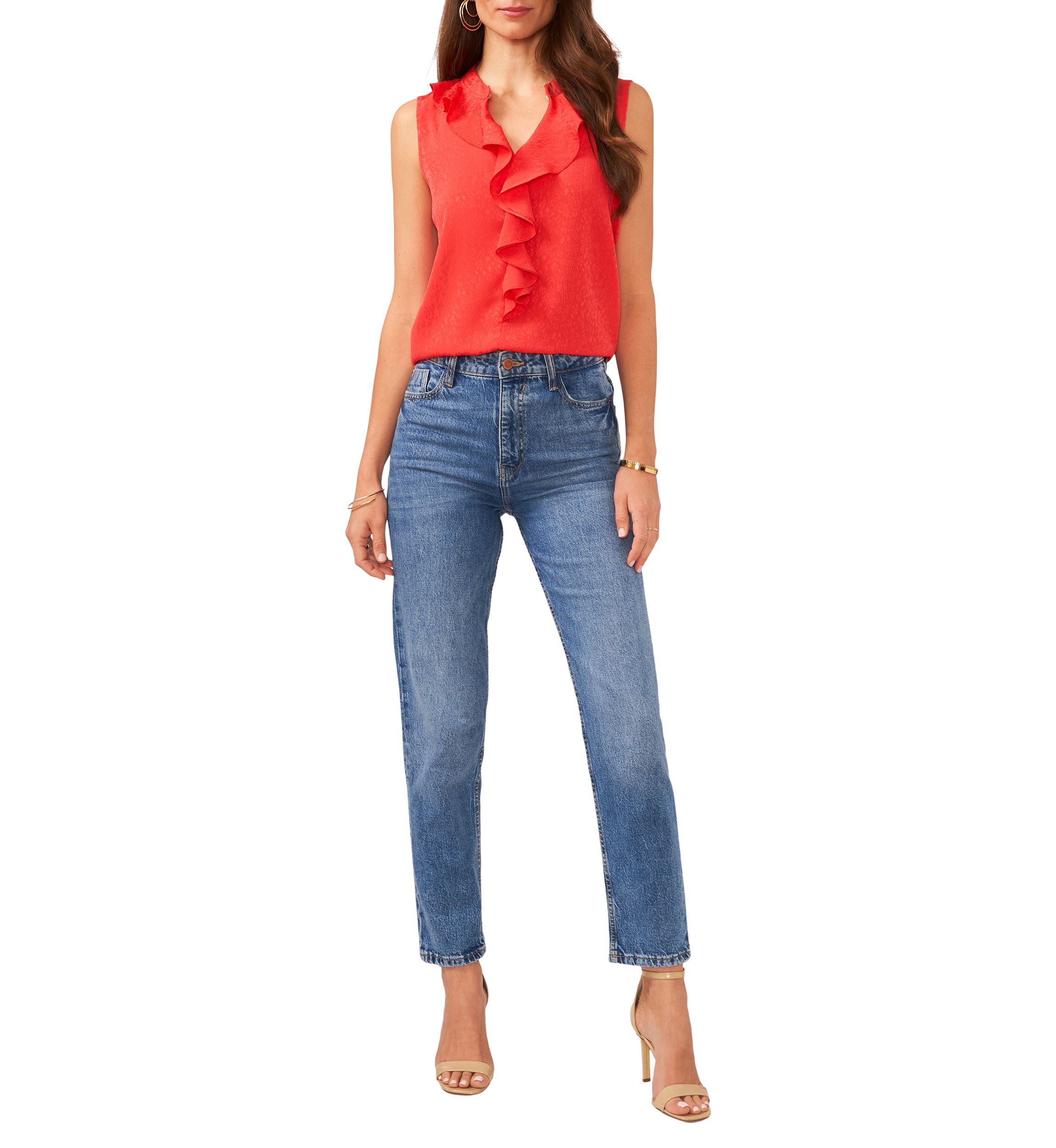 Petite Sleeveless Split Neck Ruffle Front Blouse with Tie 
