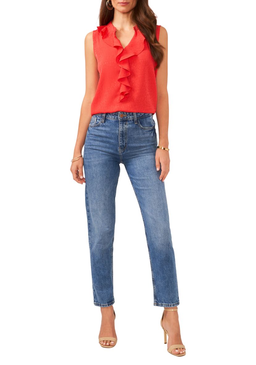 Petite Sleeveless Split Neck Ruffle Front Blouse with Tie 