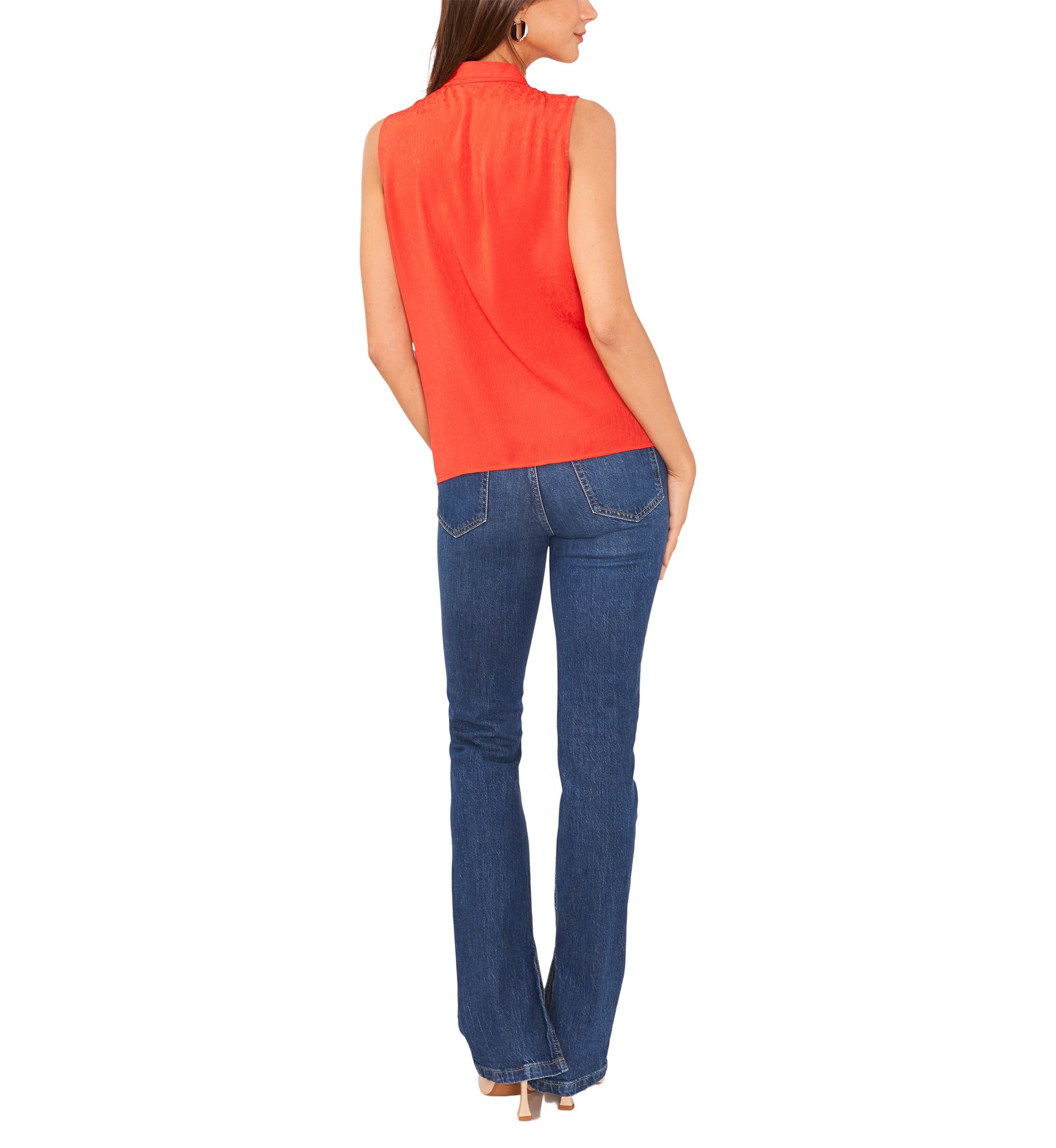 Petite Sleeveless Split Neck Ruffle Front Blouse with Tie 