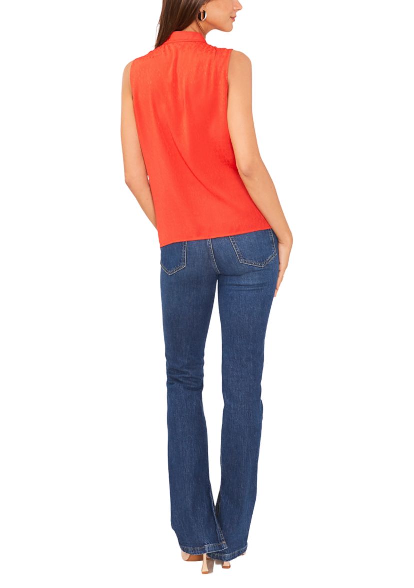 Petite Sleeveless Split Neck Ruffle Front Blouse with Tie 