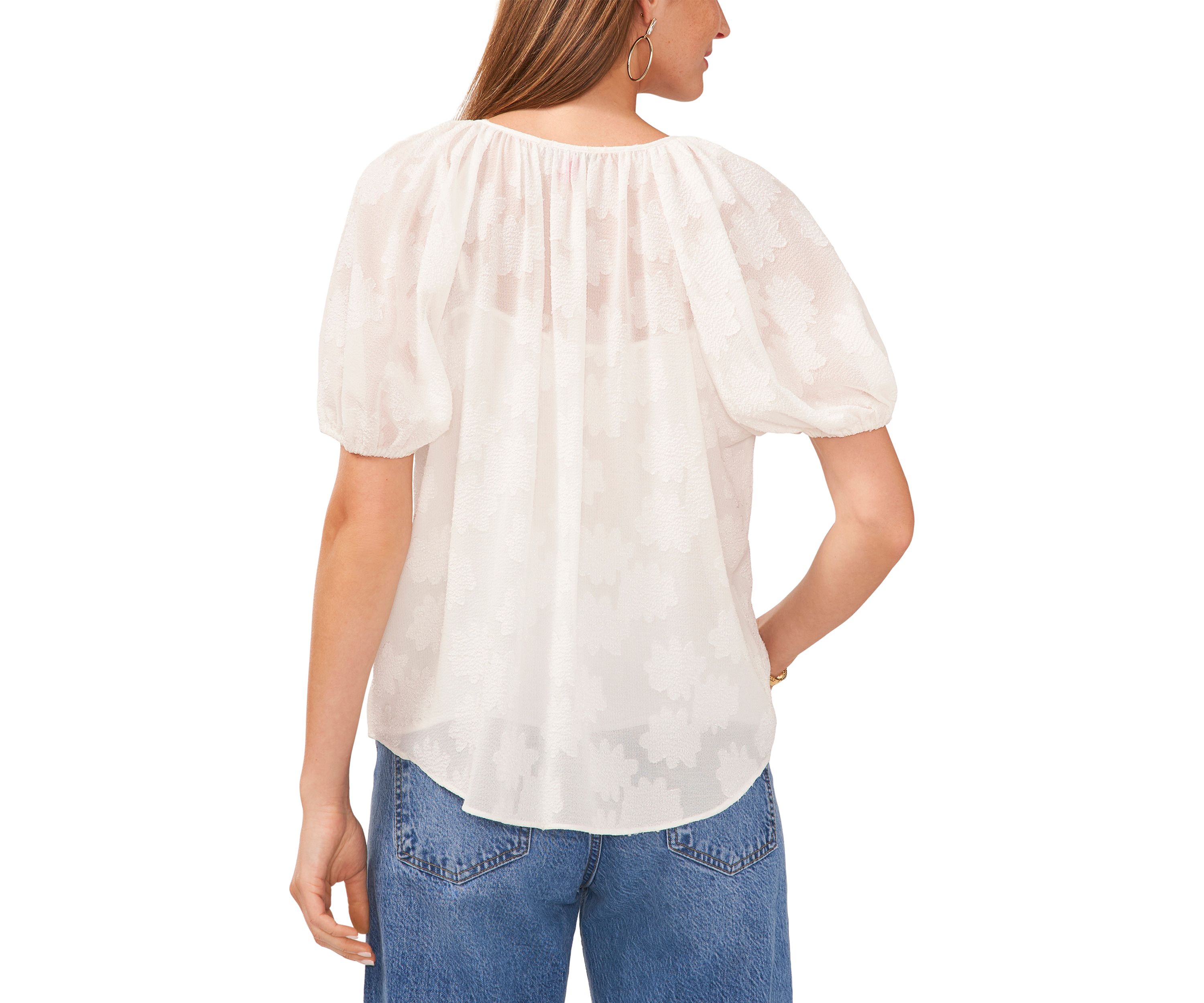 Petite Shirred V-Neck Blouse with Balloon Sleeves 