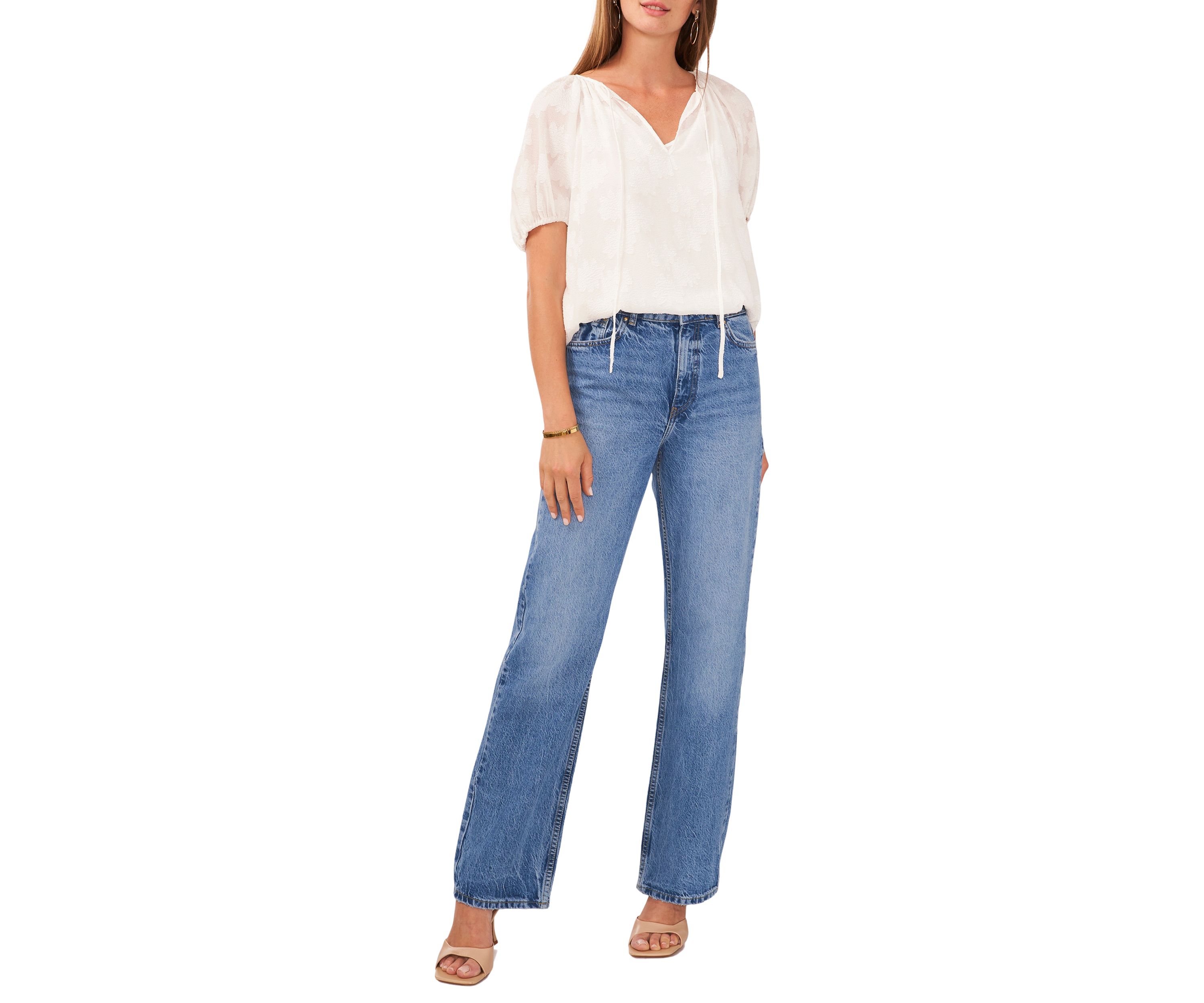 Petite Shirred V-Neck Blouse with Balloon Sleeves 