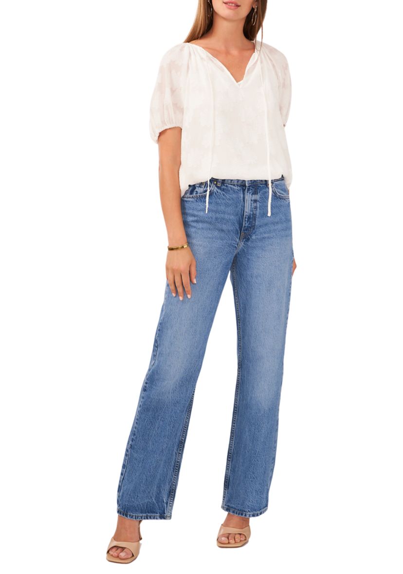 Petite Shirred V-Neck Blouse with Balloon Sleeves 