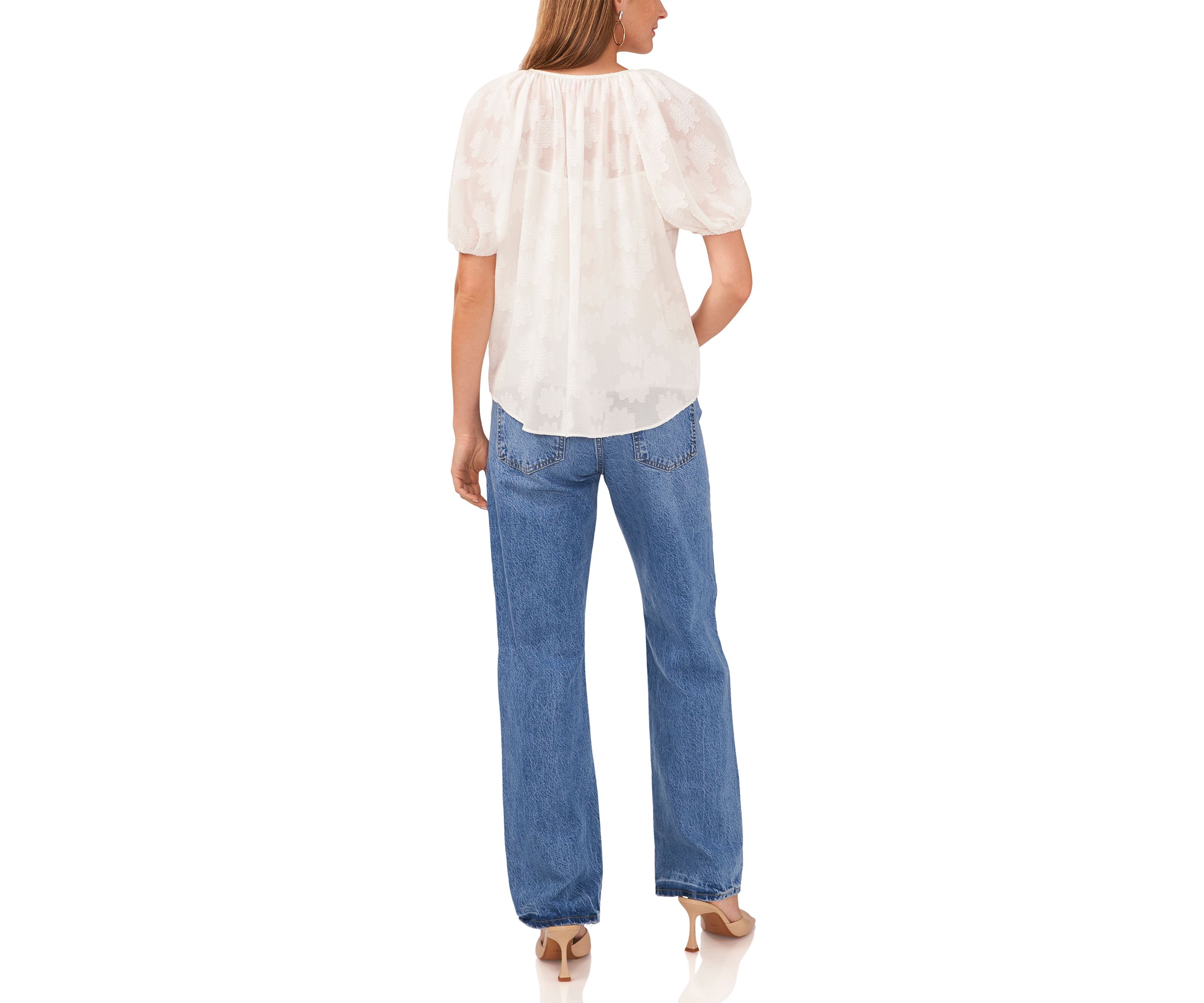 Petite Shirred V-Neck Blouse with Balloon Sleeves 