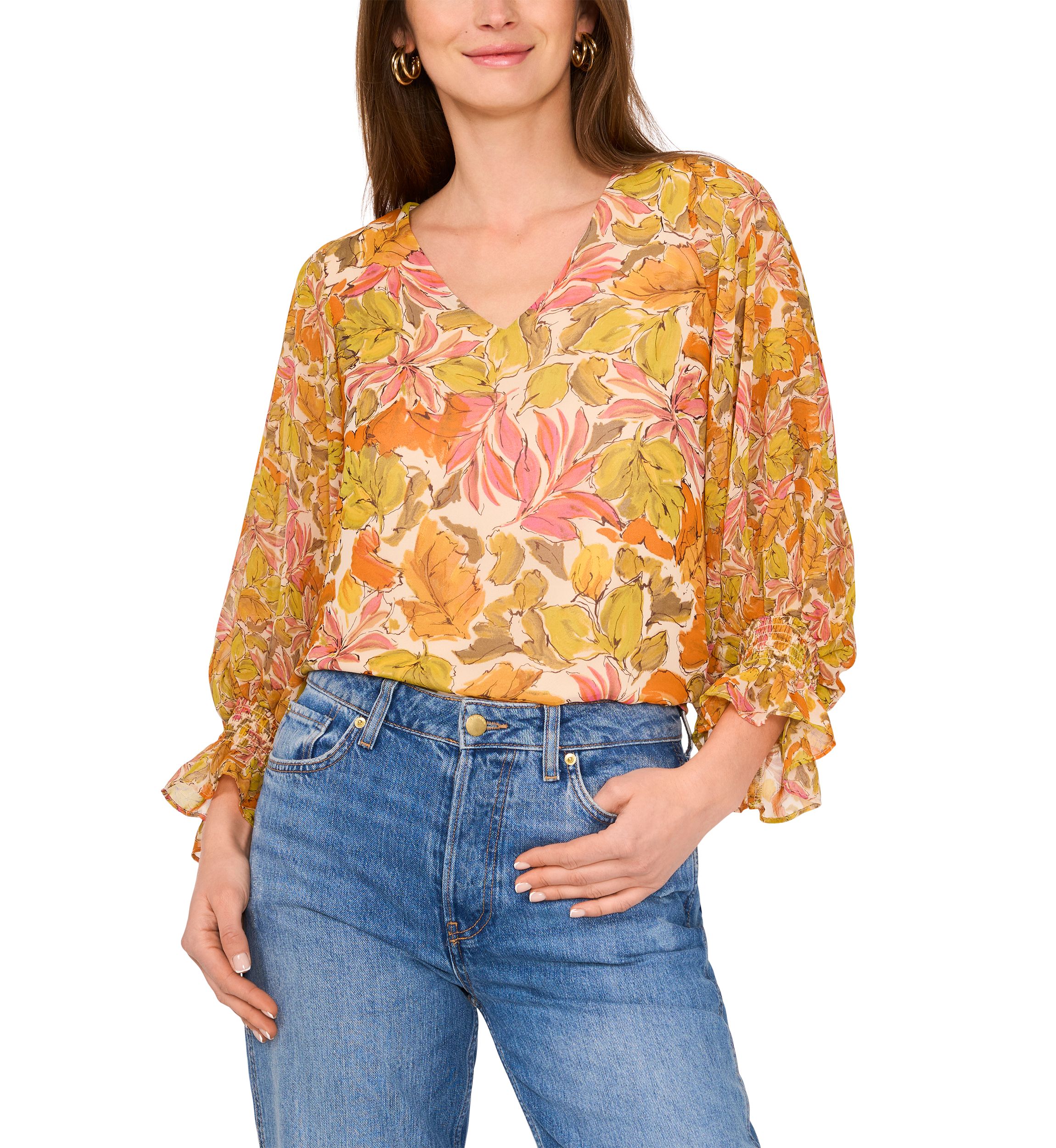 Petite V-Neck Puff Sleeve Blouse