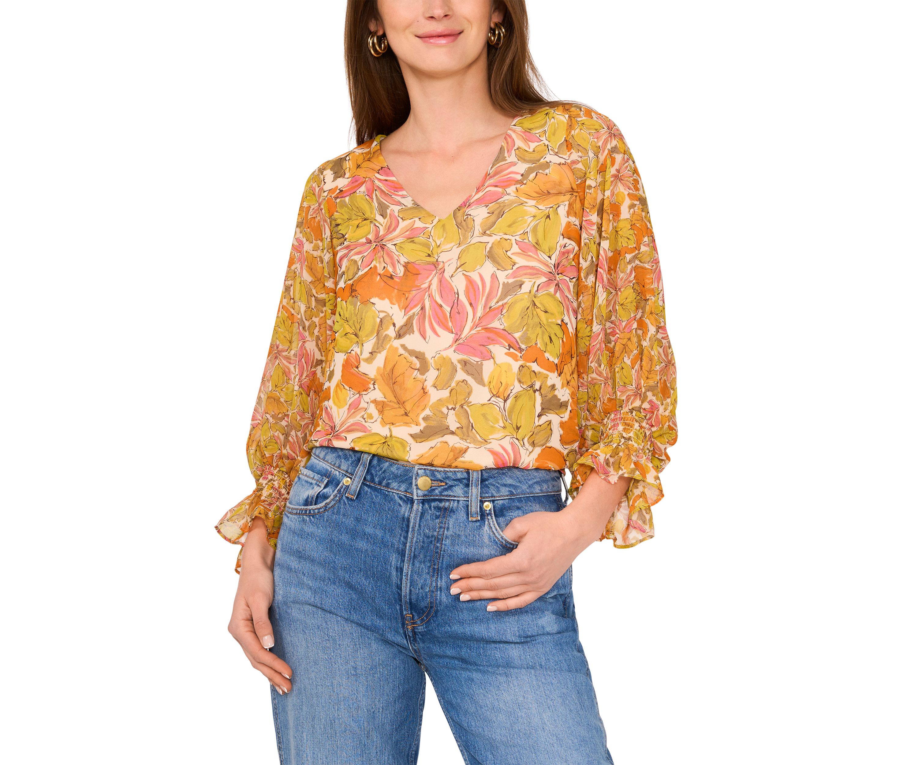 Petite V-Neck Puff Sleeve Blouse