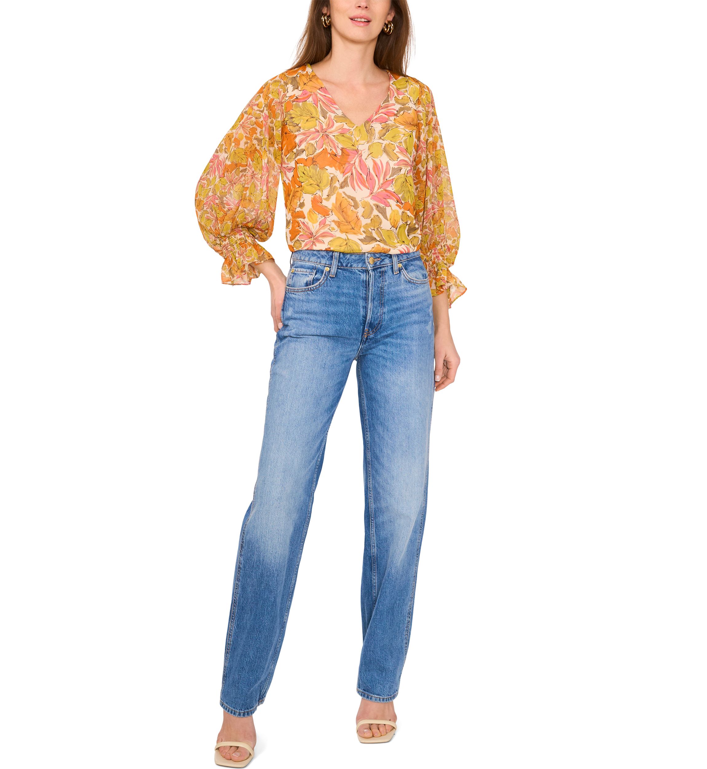 Petite V-Neck Puff Sleeve Blouse