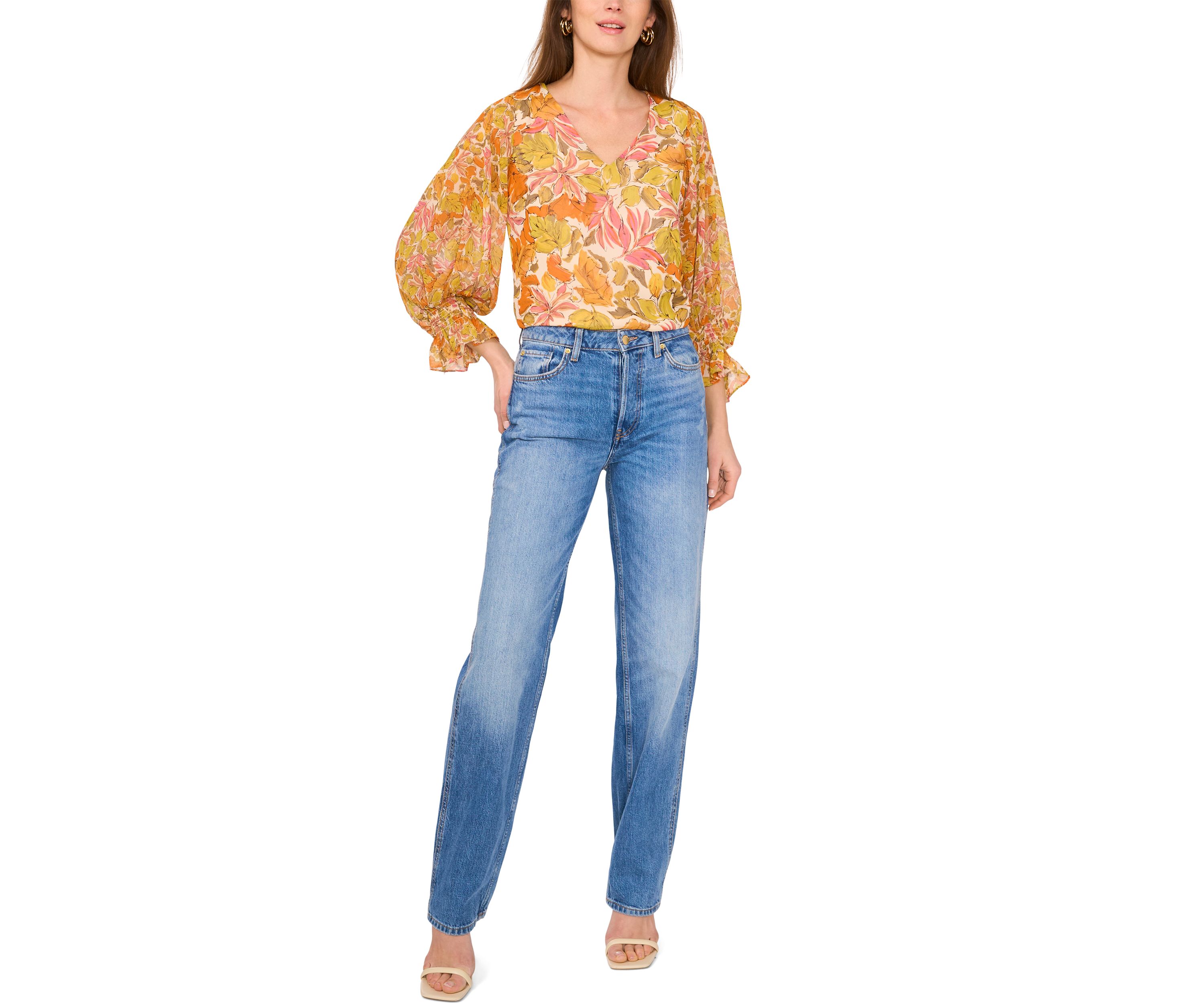 Petite V-Neck Puff Sleeve Blouse