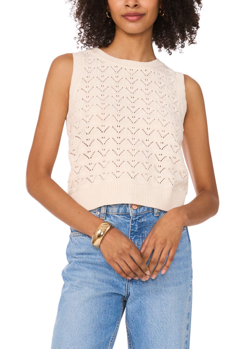 Petite Womens Sleeveless Pointelle Crew Neck Sweater