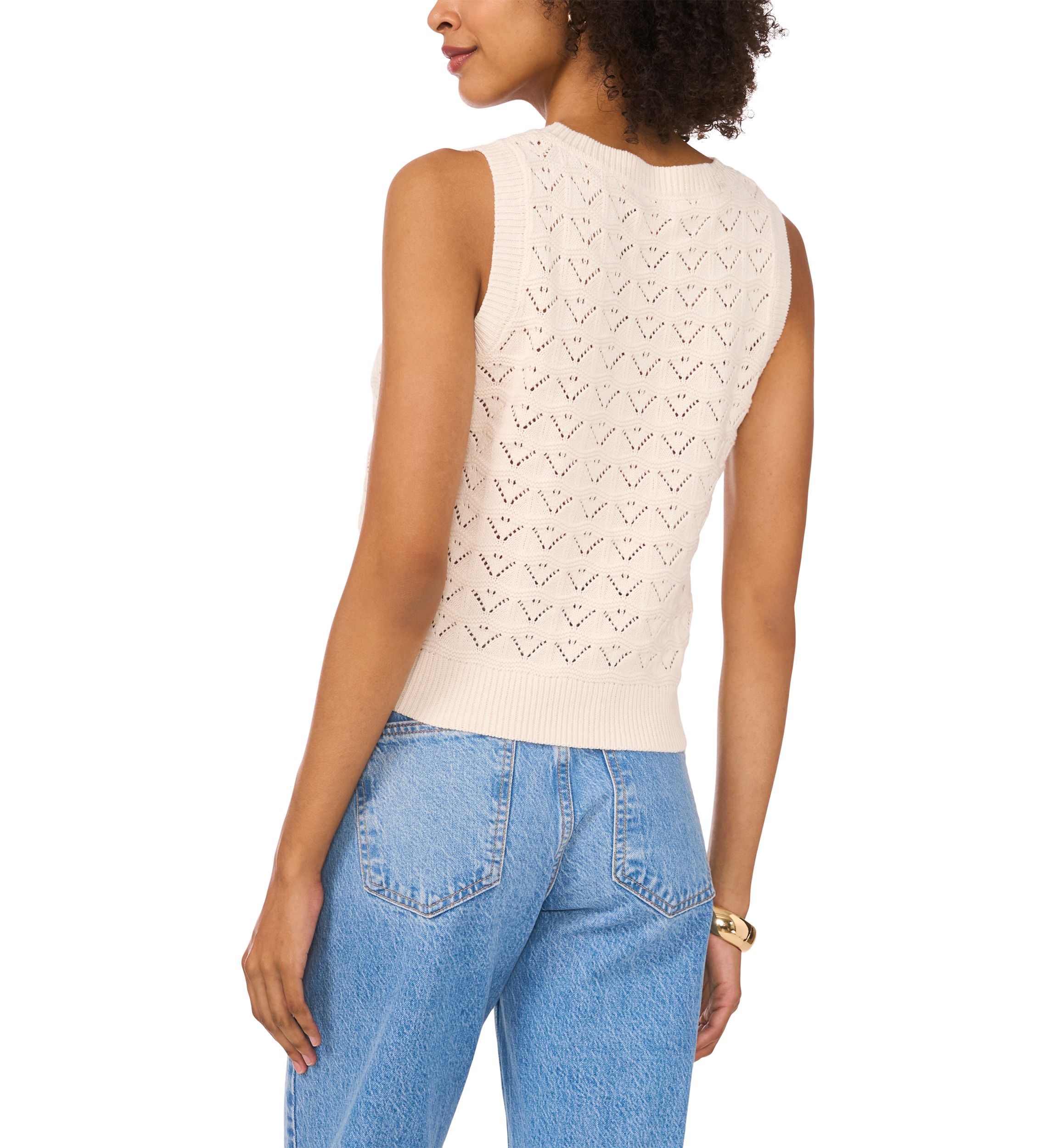 Petite Womens Sleeveless Pointelle Crew Neck Sweater