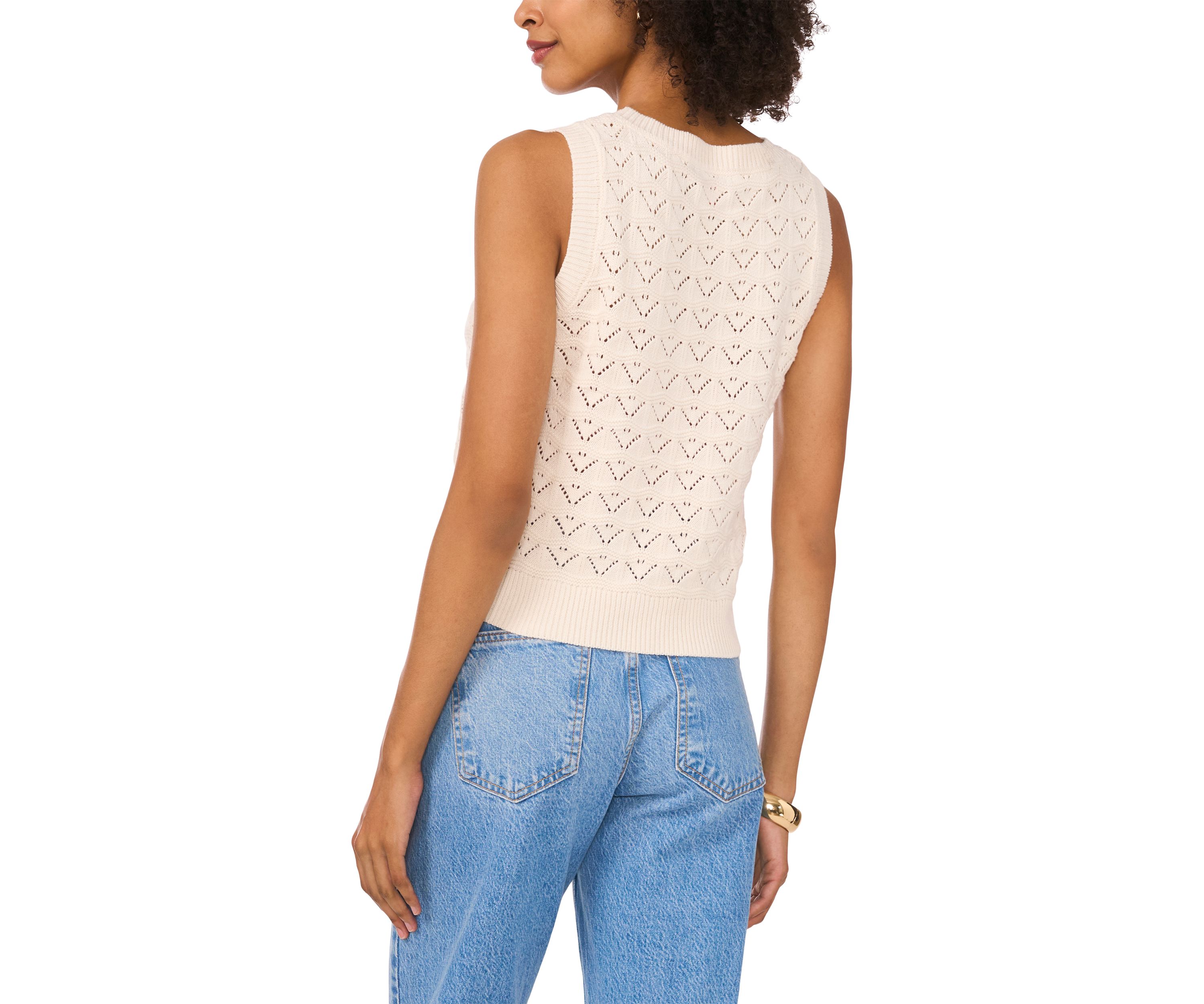 Petite Womens Sleeveless Pointelle Crew Neck Sweater