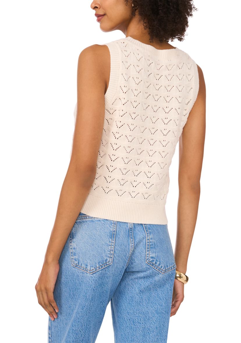 Petite Womens Sleeveless Pointelle Crew Neck Sweater