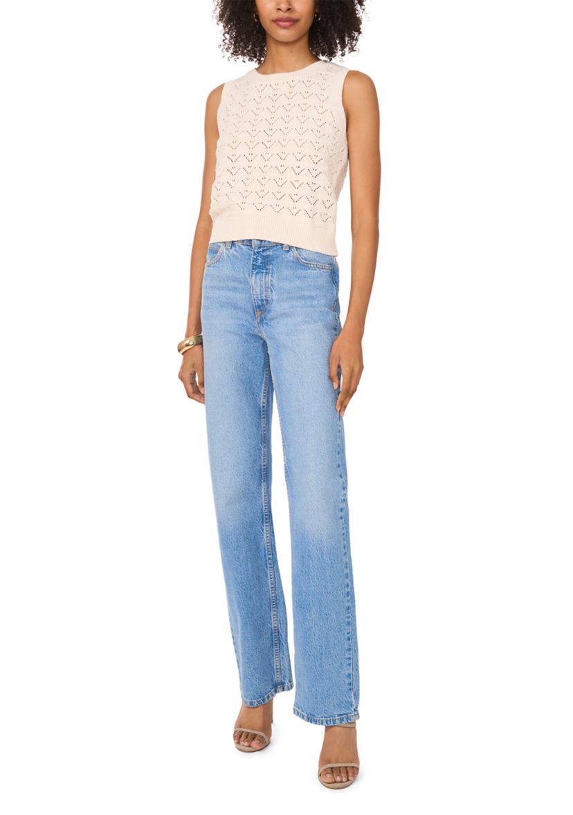 Petite Womens Sleeveless Pointelle Crew Neck Sweater