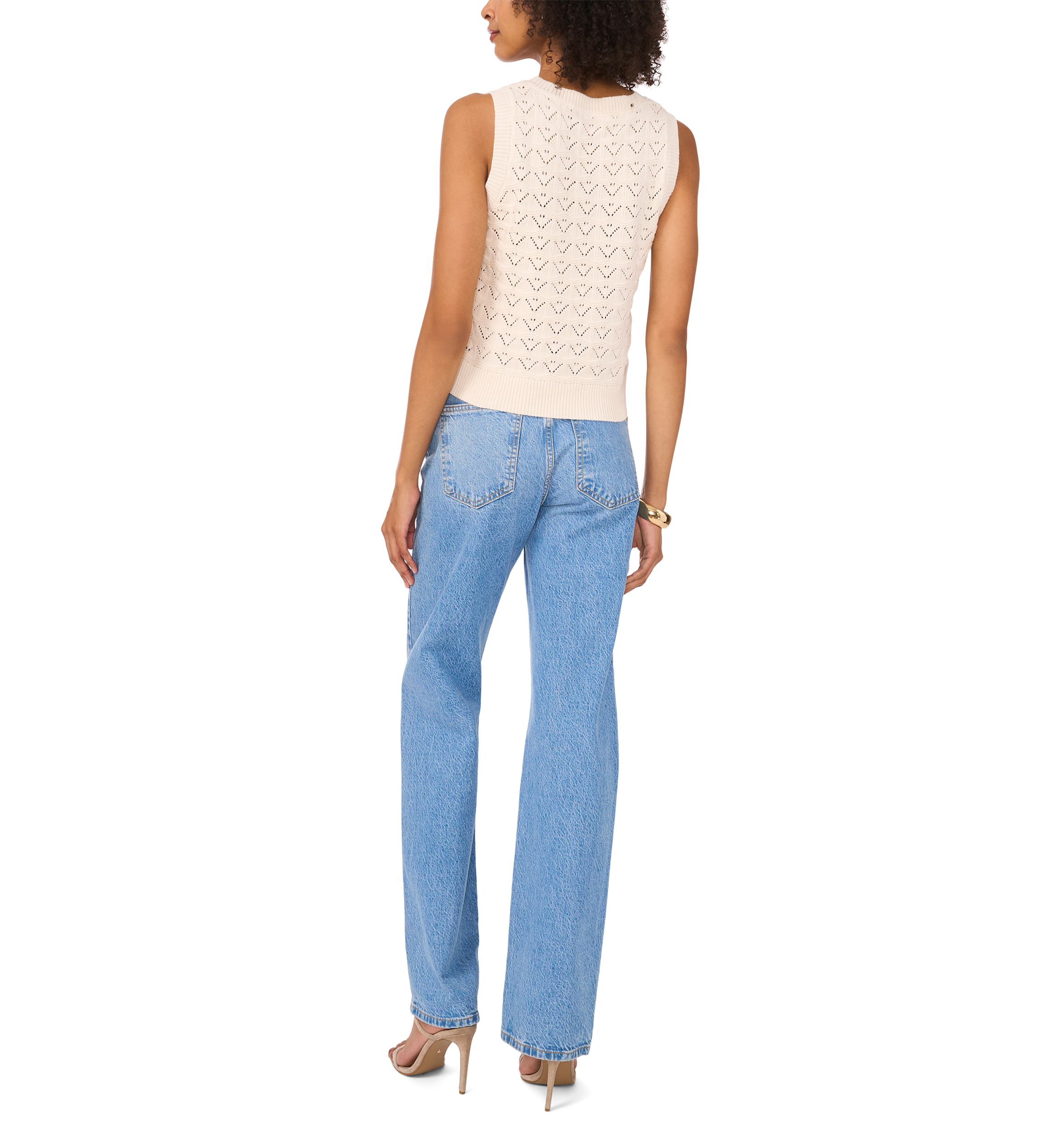 Petite Womens Sleeveless Pointelle Crew Neck Sweater