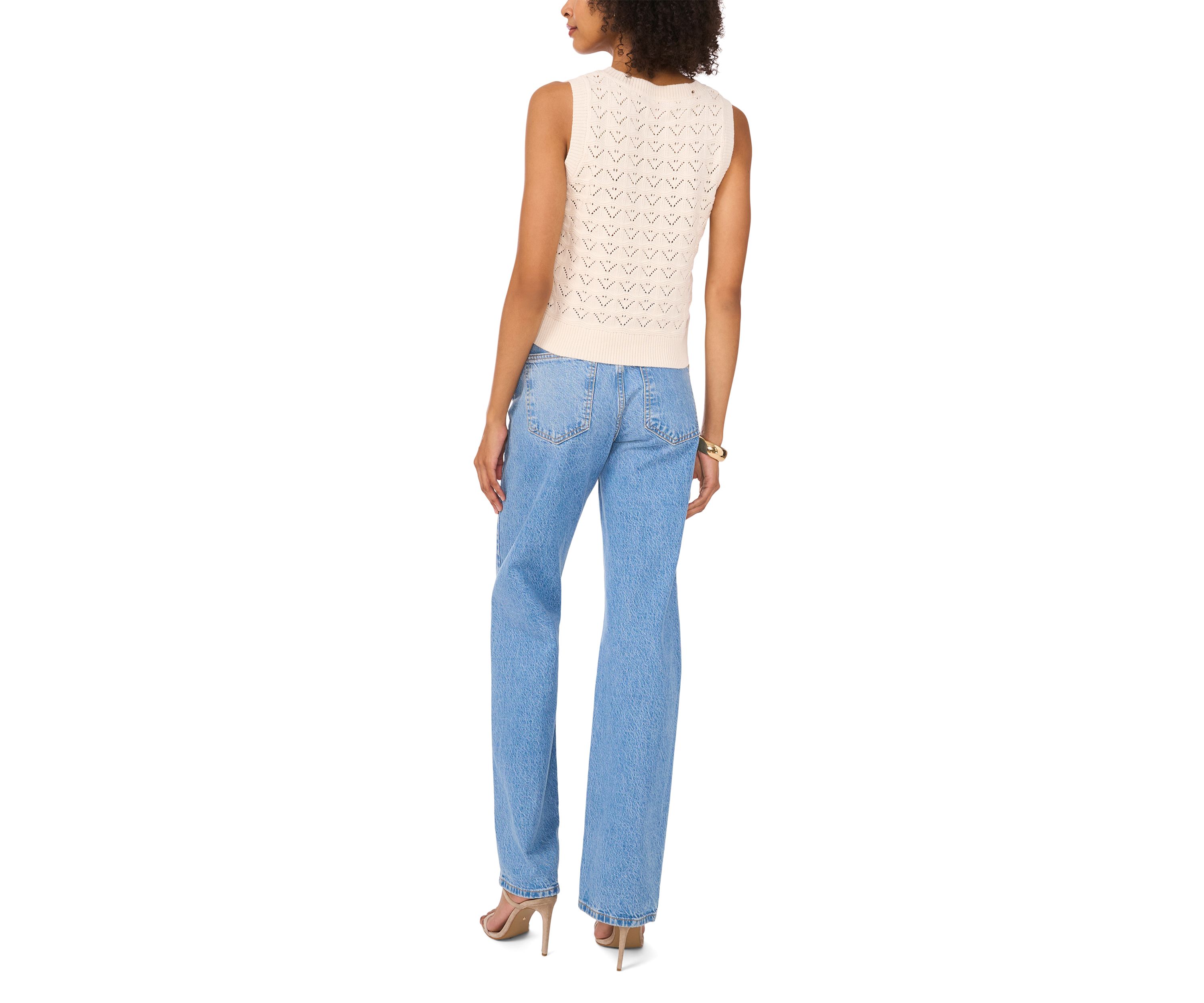 Petite Womens Sleeveless Pointelle Crew Neck Sweater