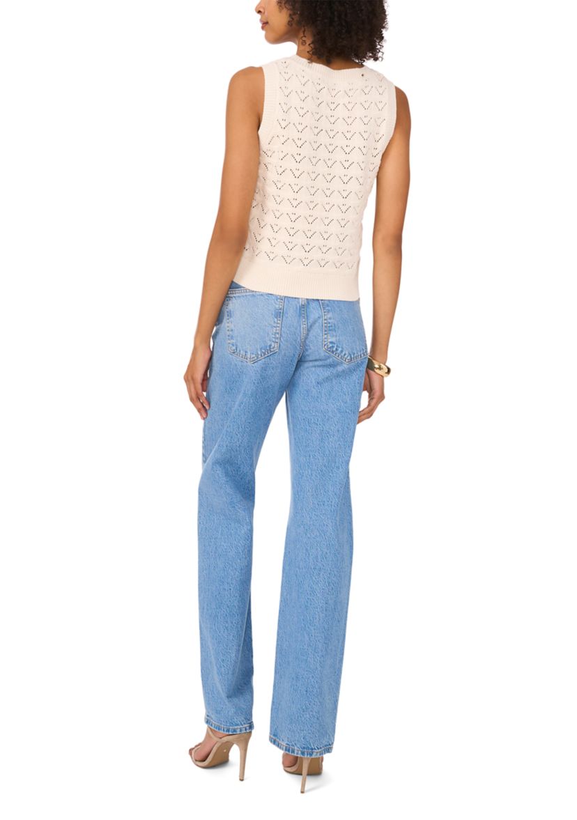 Petite Womens Sleeveless Pointelle Crew Neck Sweater