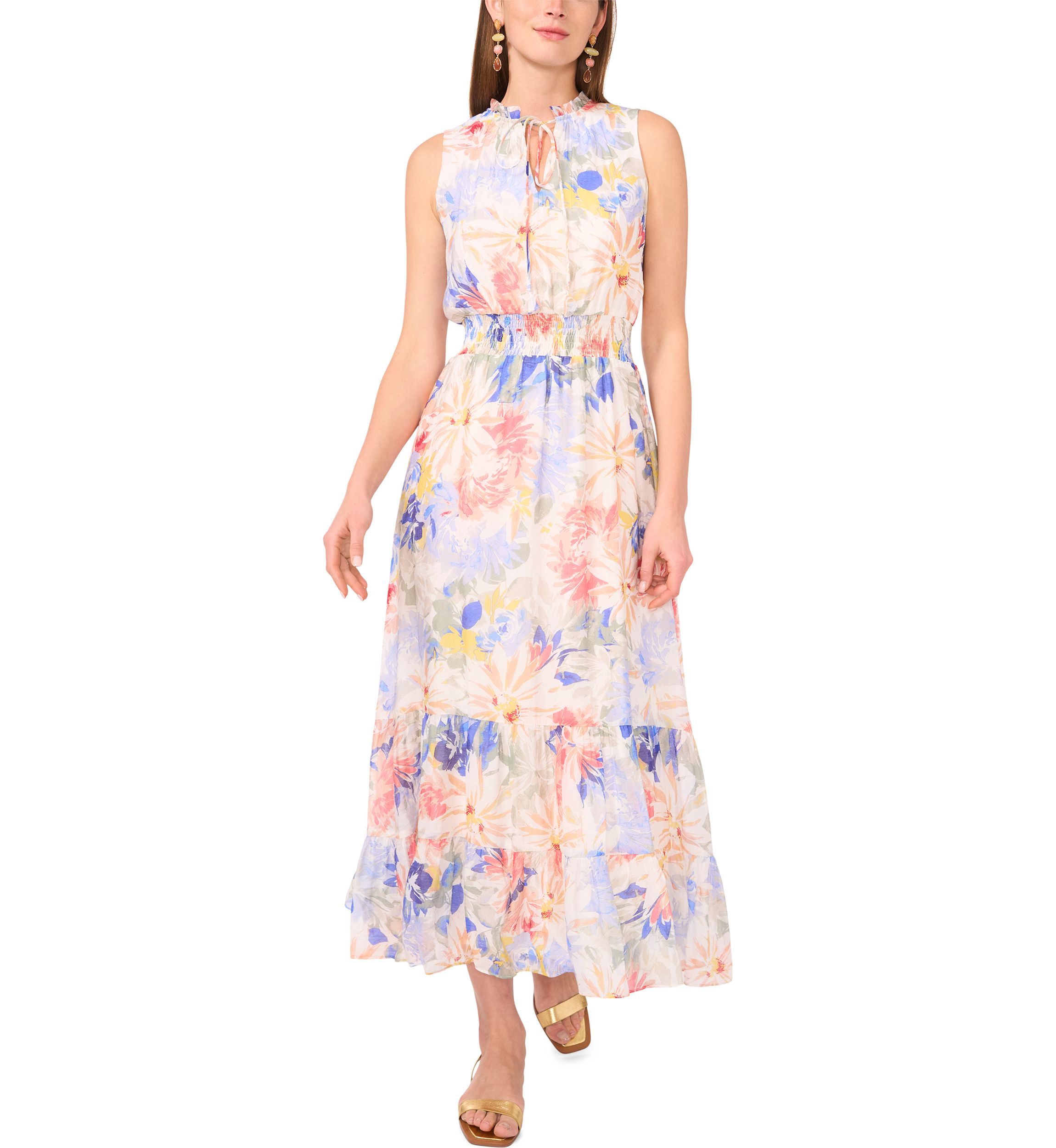 Petite Tie Neck Smocked Waist Maxi Dress