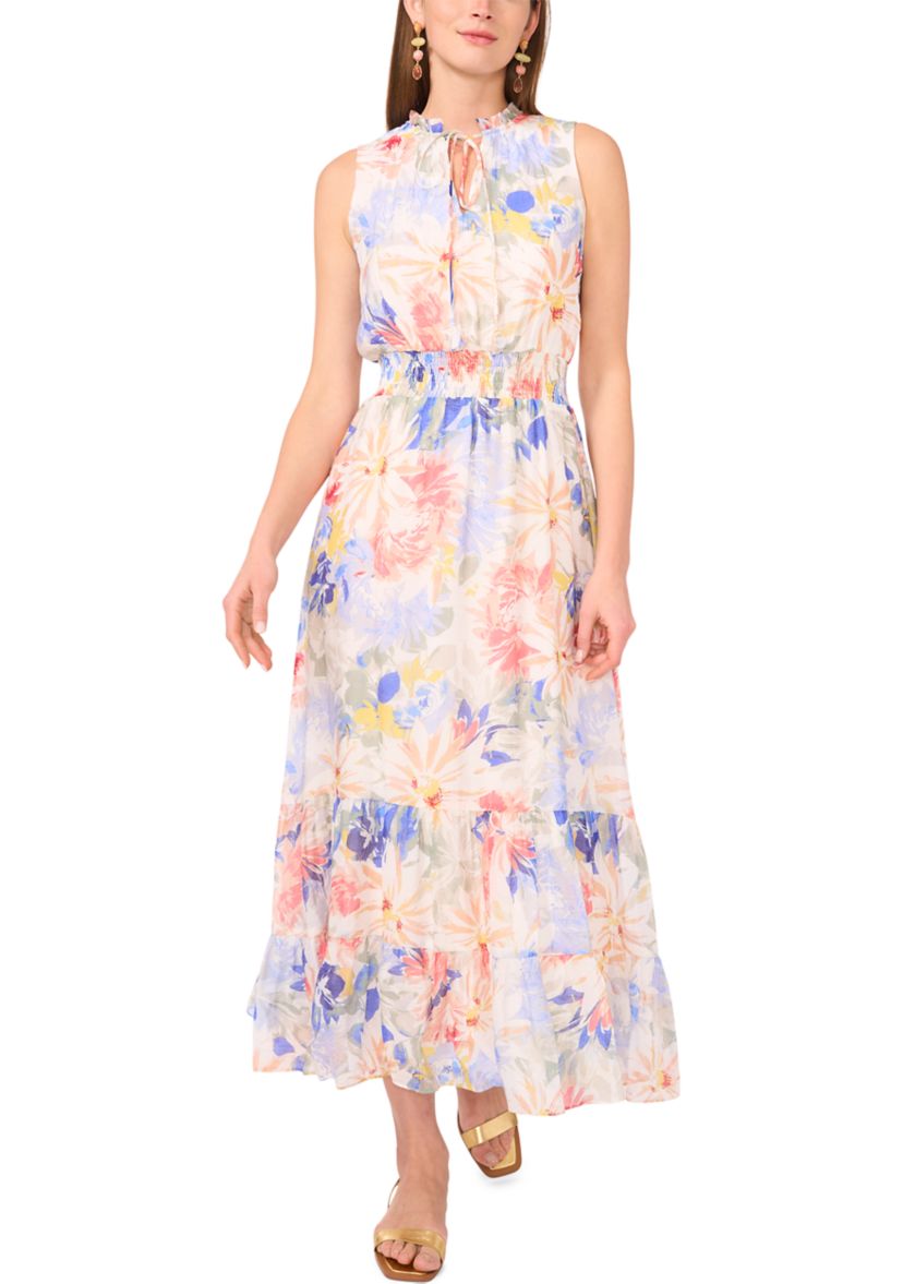 Petite Tie Neck Smocked Waist Maxi Dress