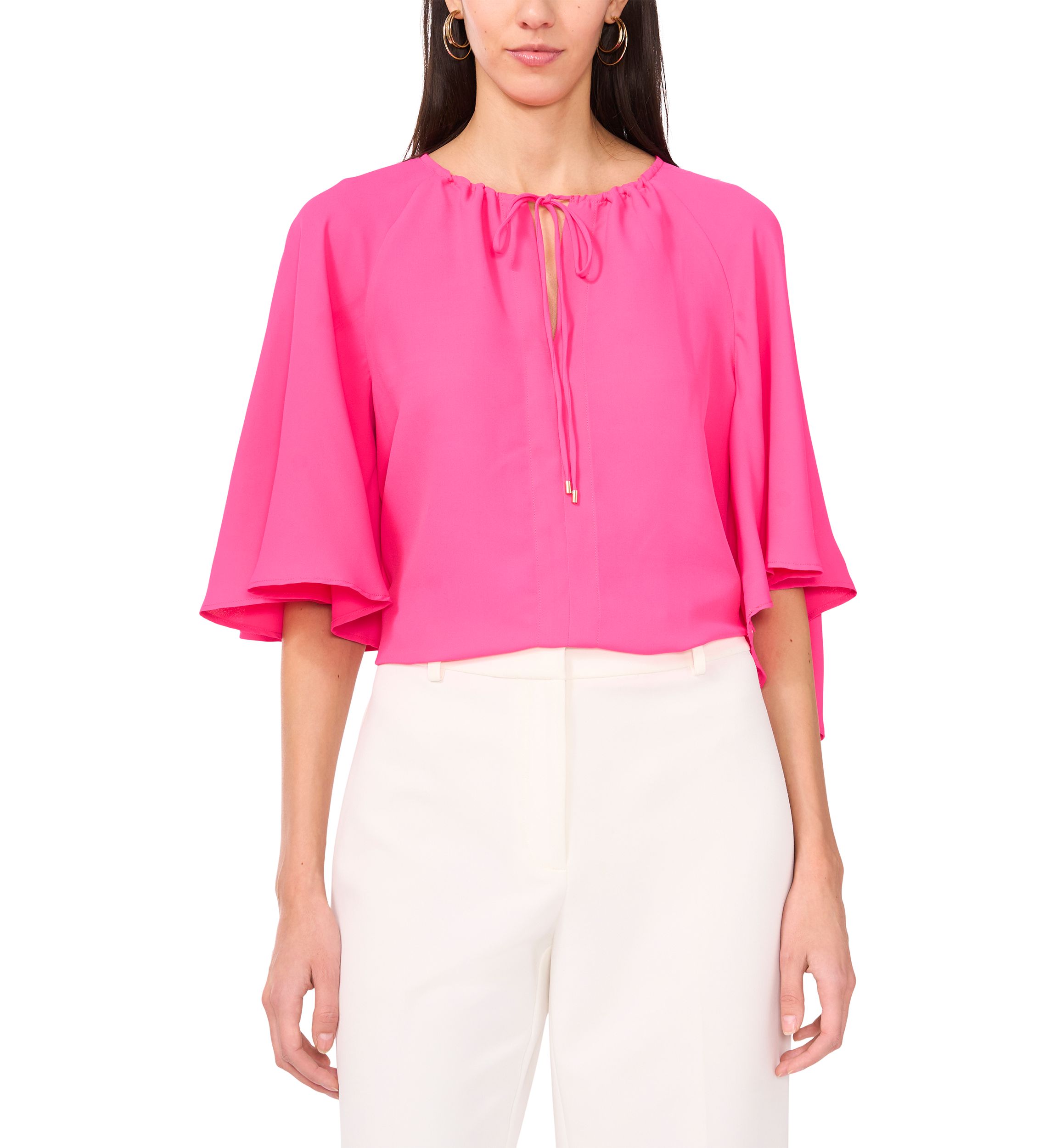 Petite Flutter Sleeve Tie Neck Top 