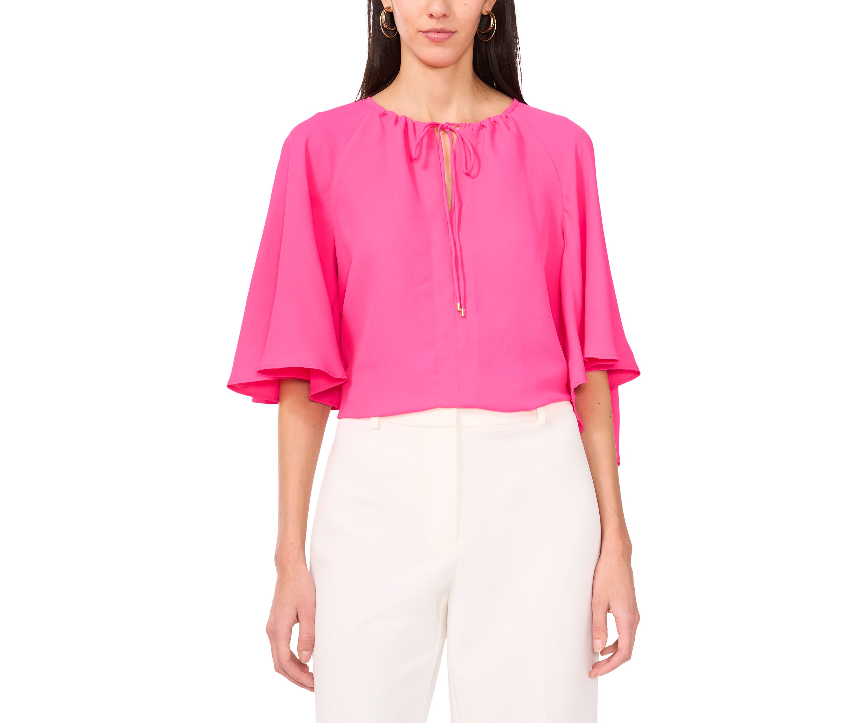 Petite Flutter Sleeve Tie Neck Top 