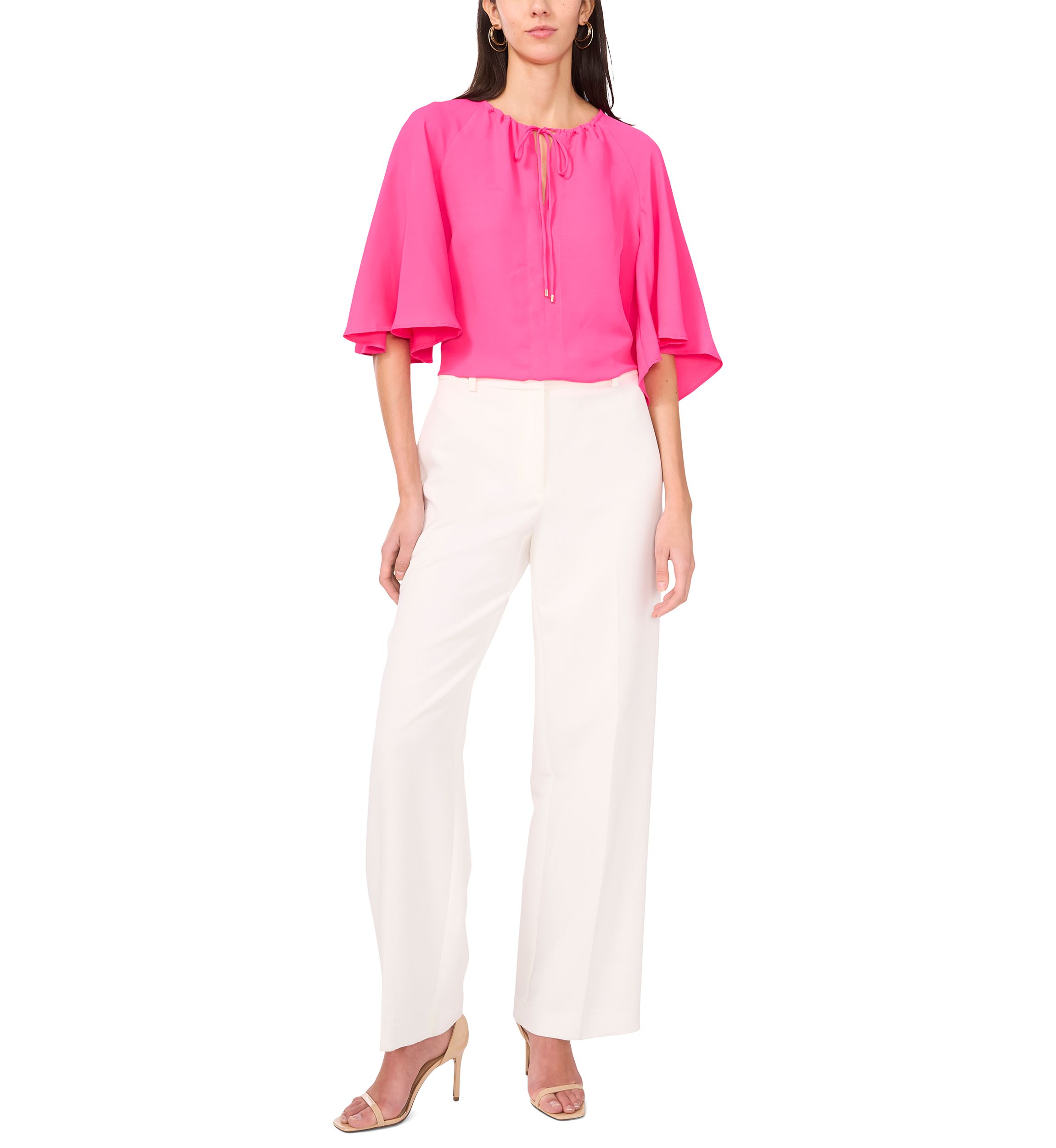 Petite Flutter Sleeve Tie Neck Top 