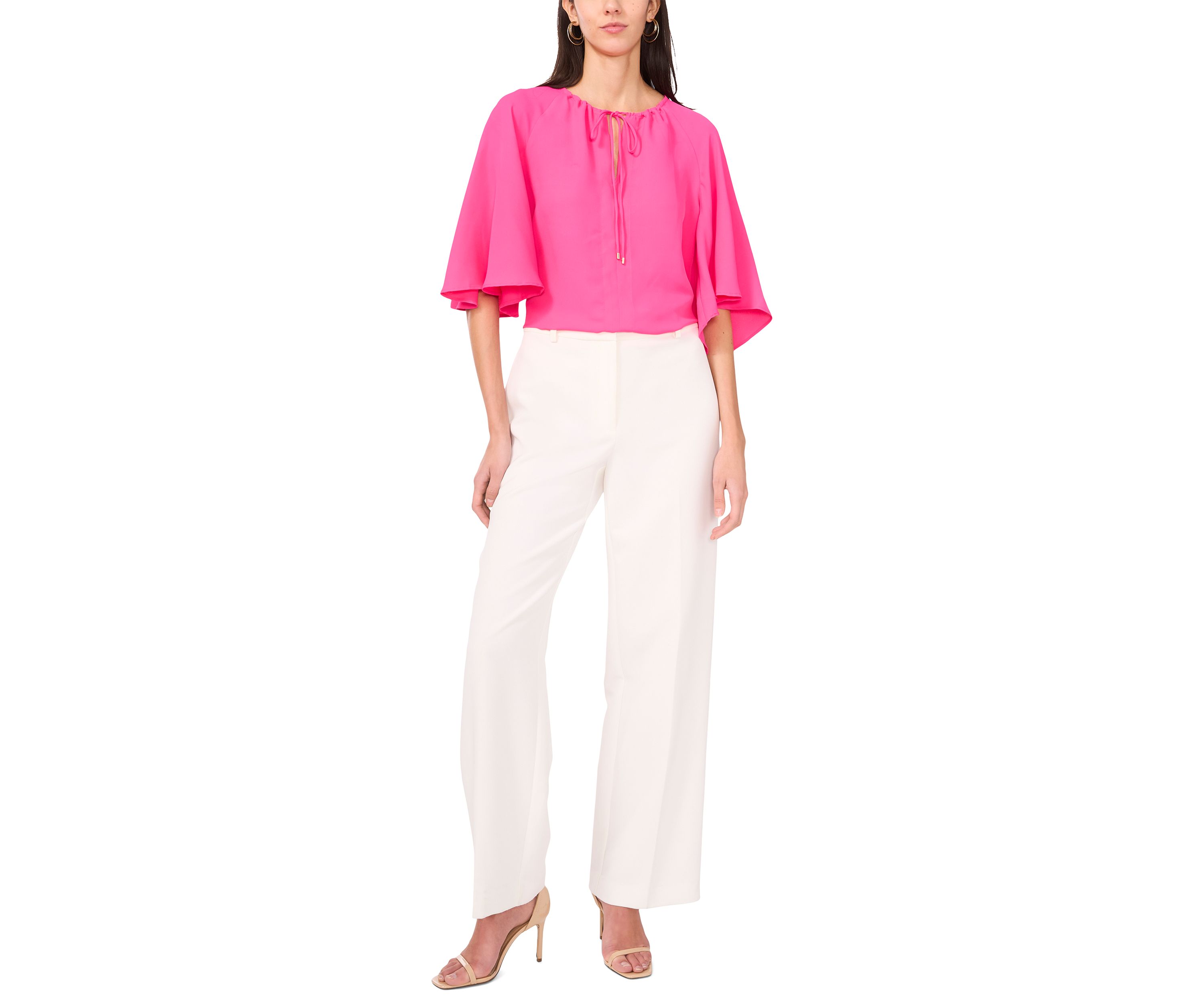 Petite Flutter Sleeve Tie Neck Top 