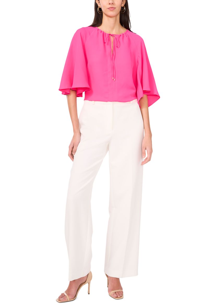 Petite Flutter Sleeve Tie Neck Top 