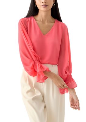 Vince Camuto Women's Petite Smocked Blouson Sleeve Top, Coral, PXL