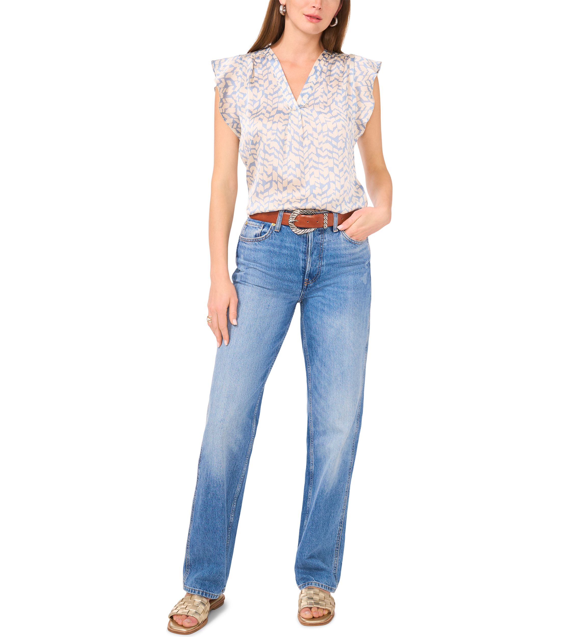 Petite V-Neck Flutter Sleeve Top