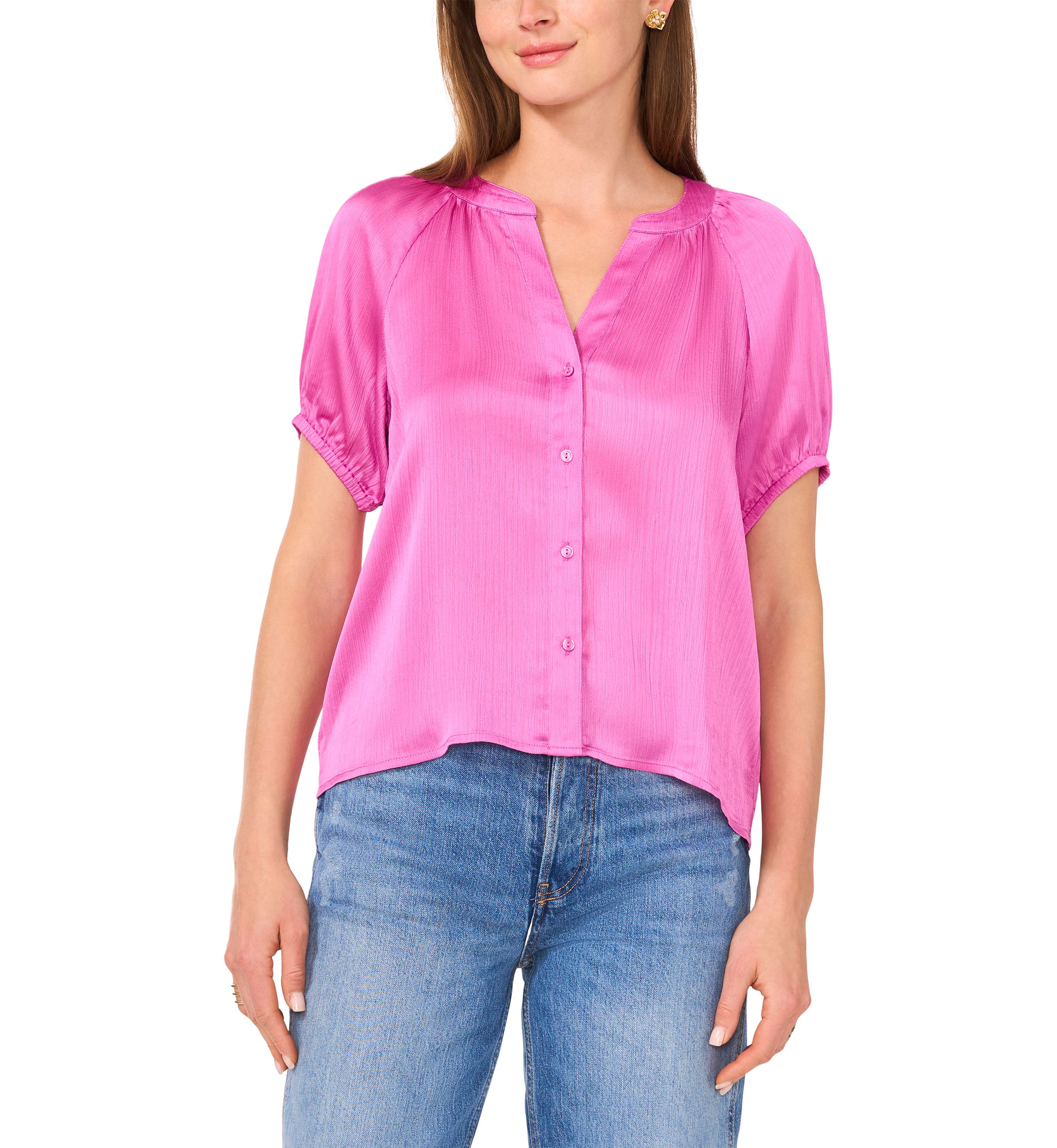Petite Button Up Blouse with Pleated Sleeves