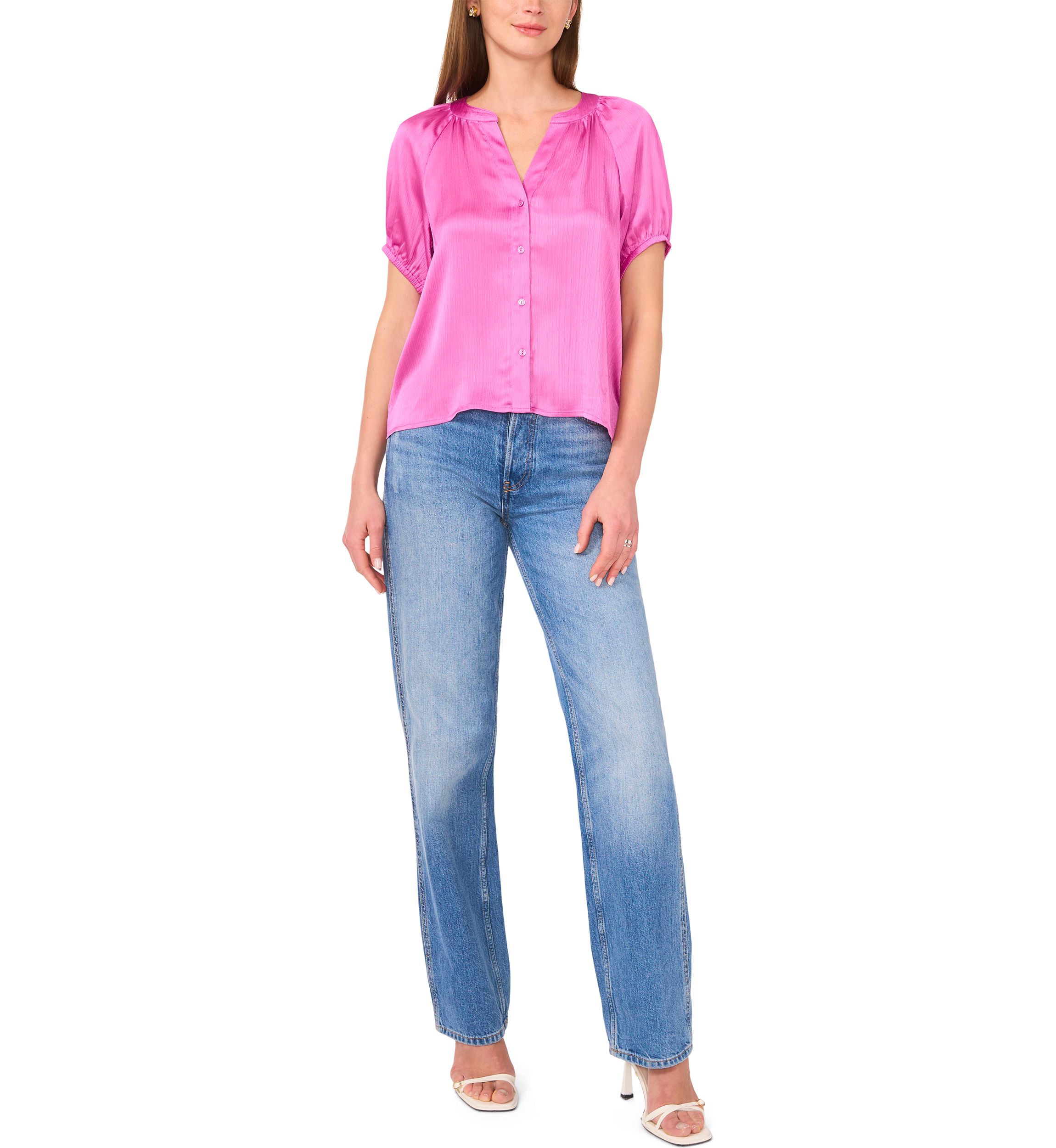 Petite Button Up Blouse with Pleated Sleeves