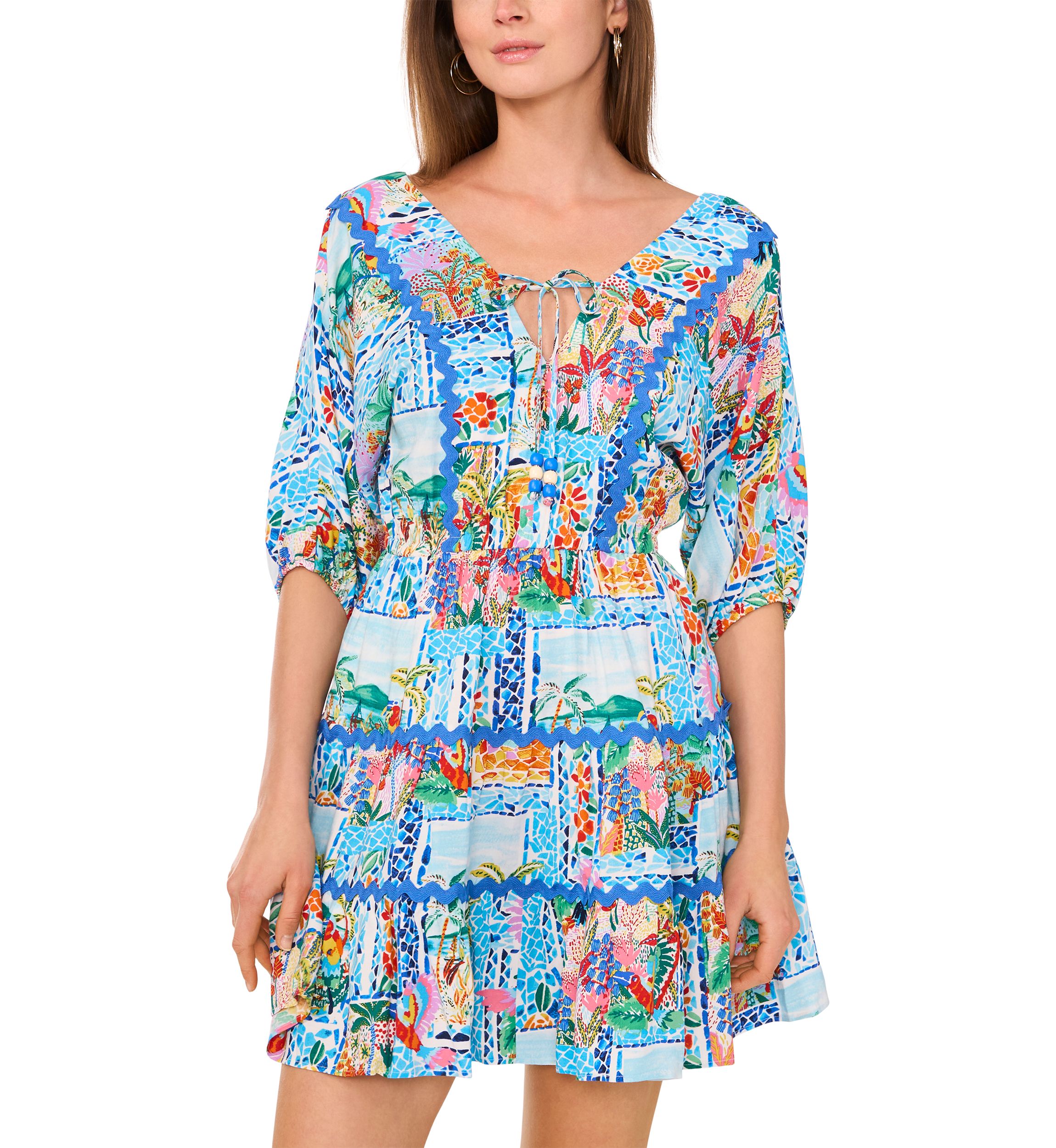 Petite Elbow Sleeve Scenic Mini Dress