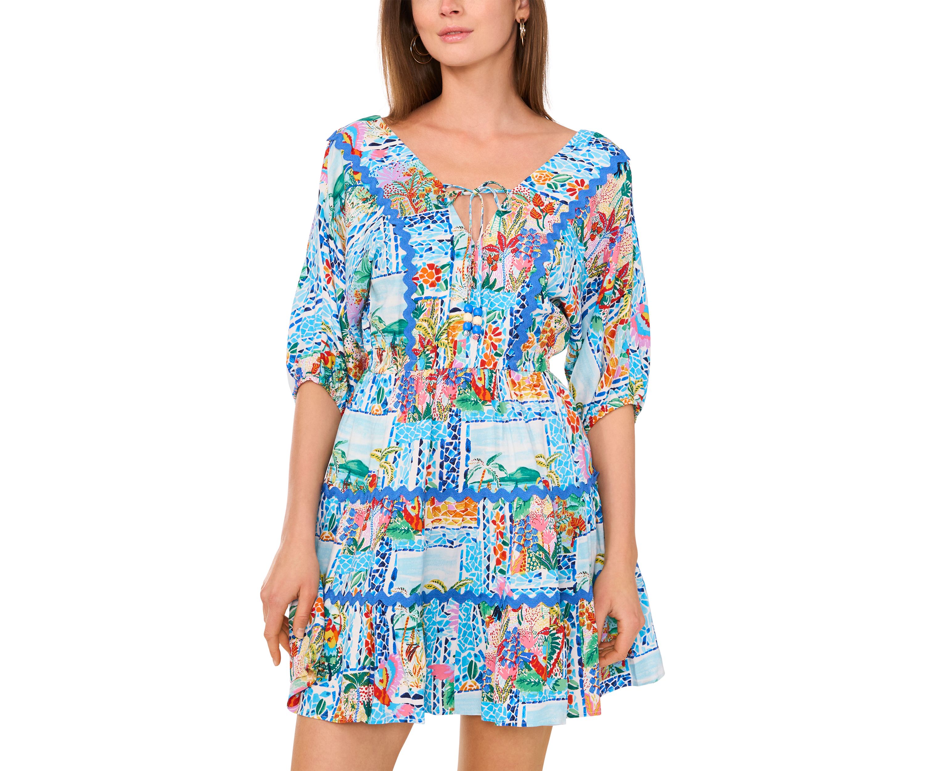 Petite Elbow Sleeve Scenic Mini Dress
