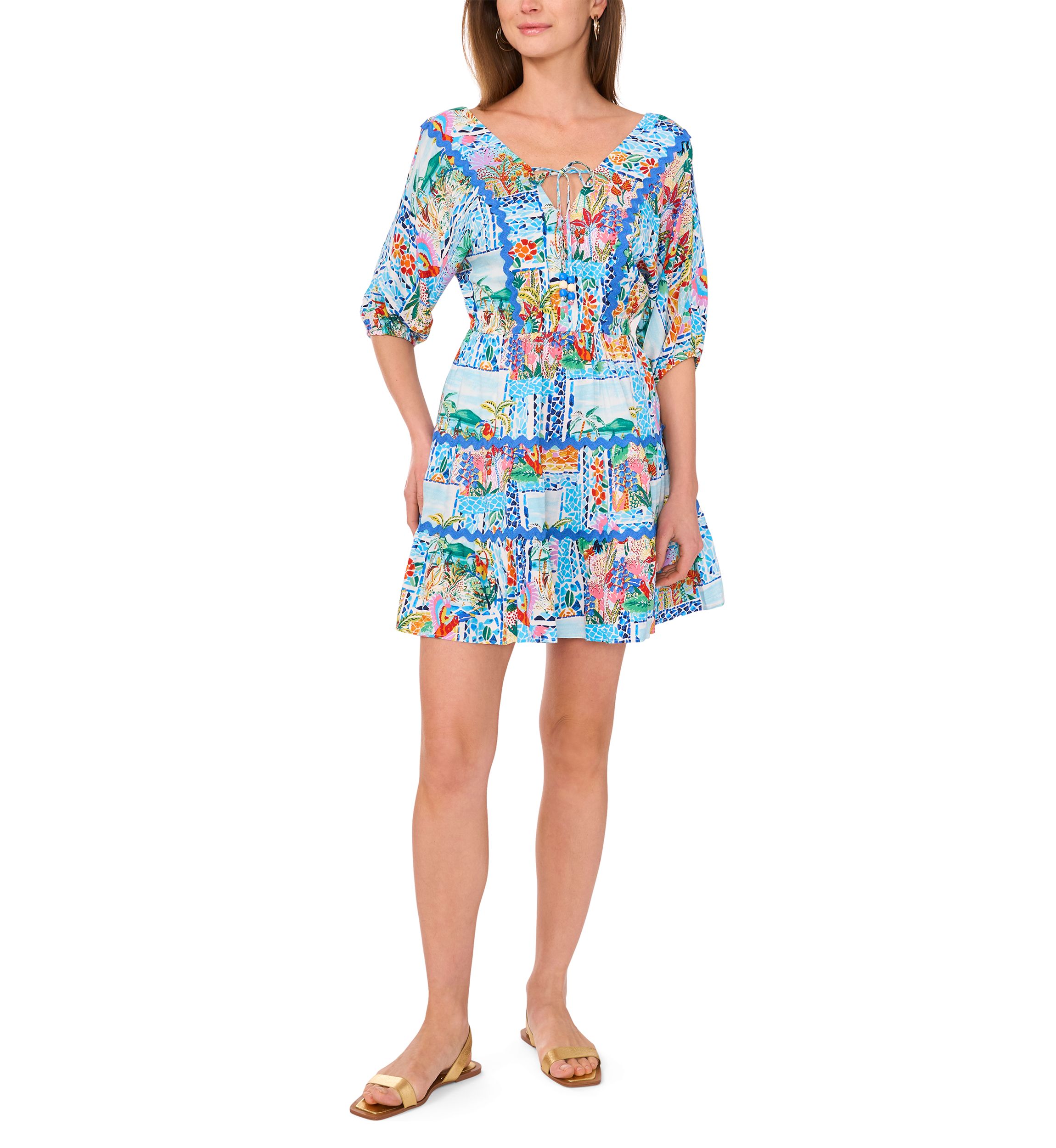 Petite Elbow Sleeve Scenic Mini Dress