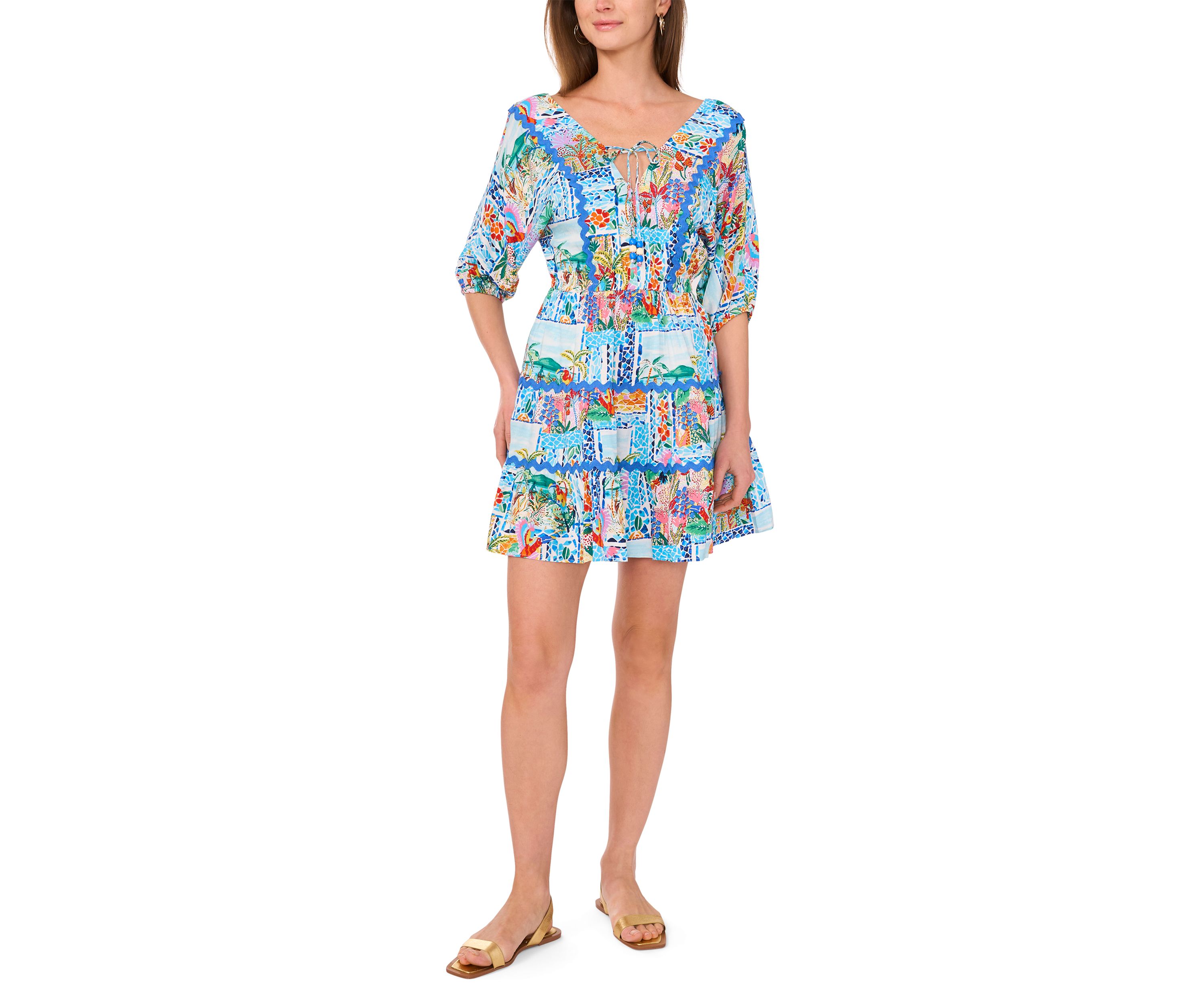 Petite Elbow Sleeve Scenic Mini Dress
