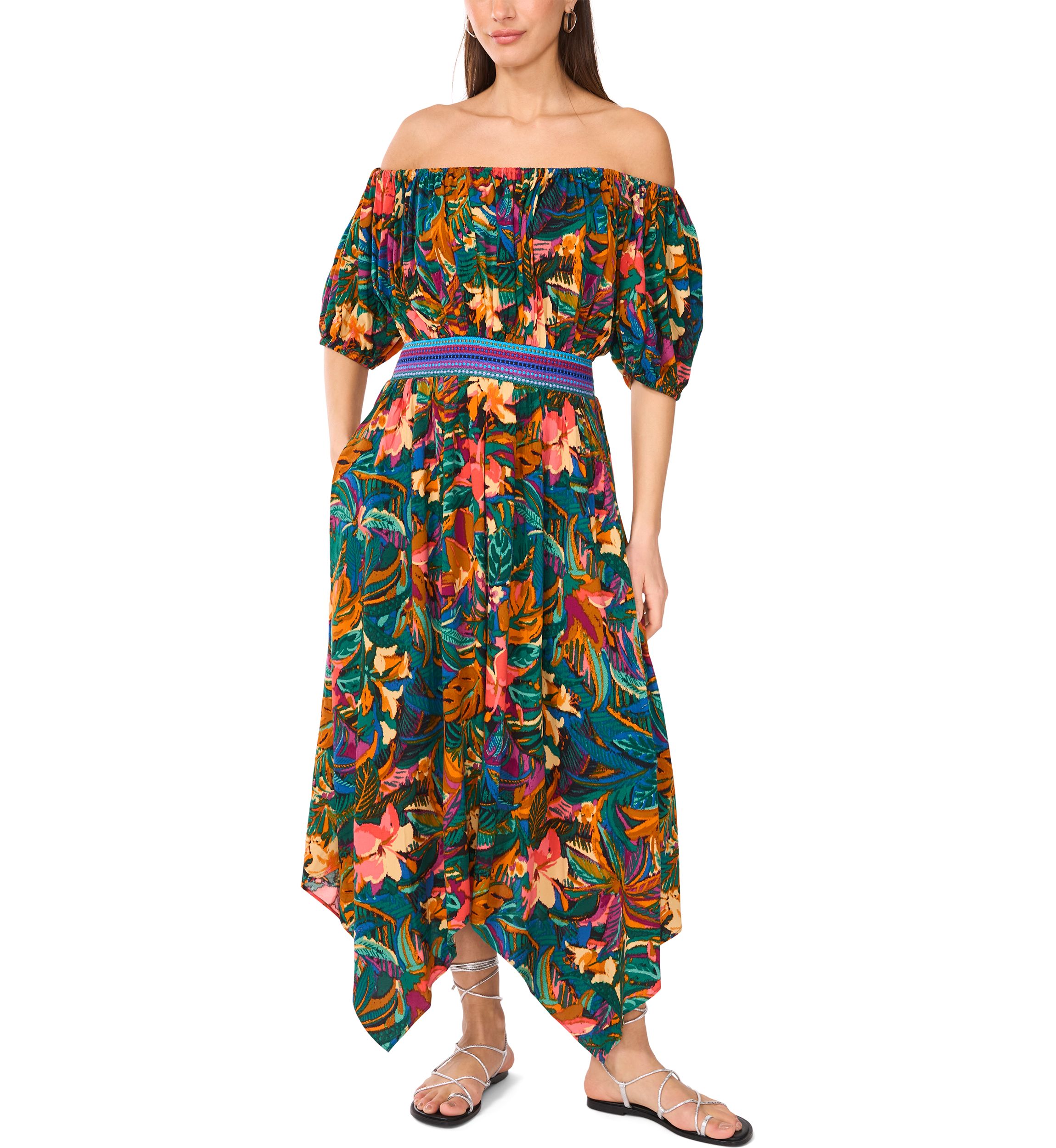 Petite Off the Shoulder Puff Sleeve Printed Midi Dress with Elastic Waistband