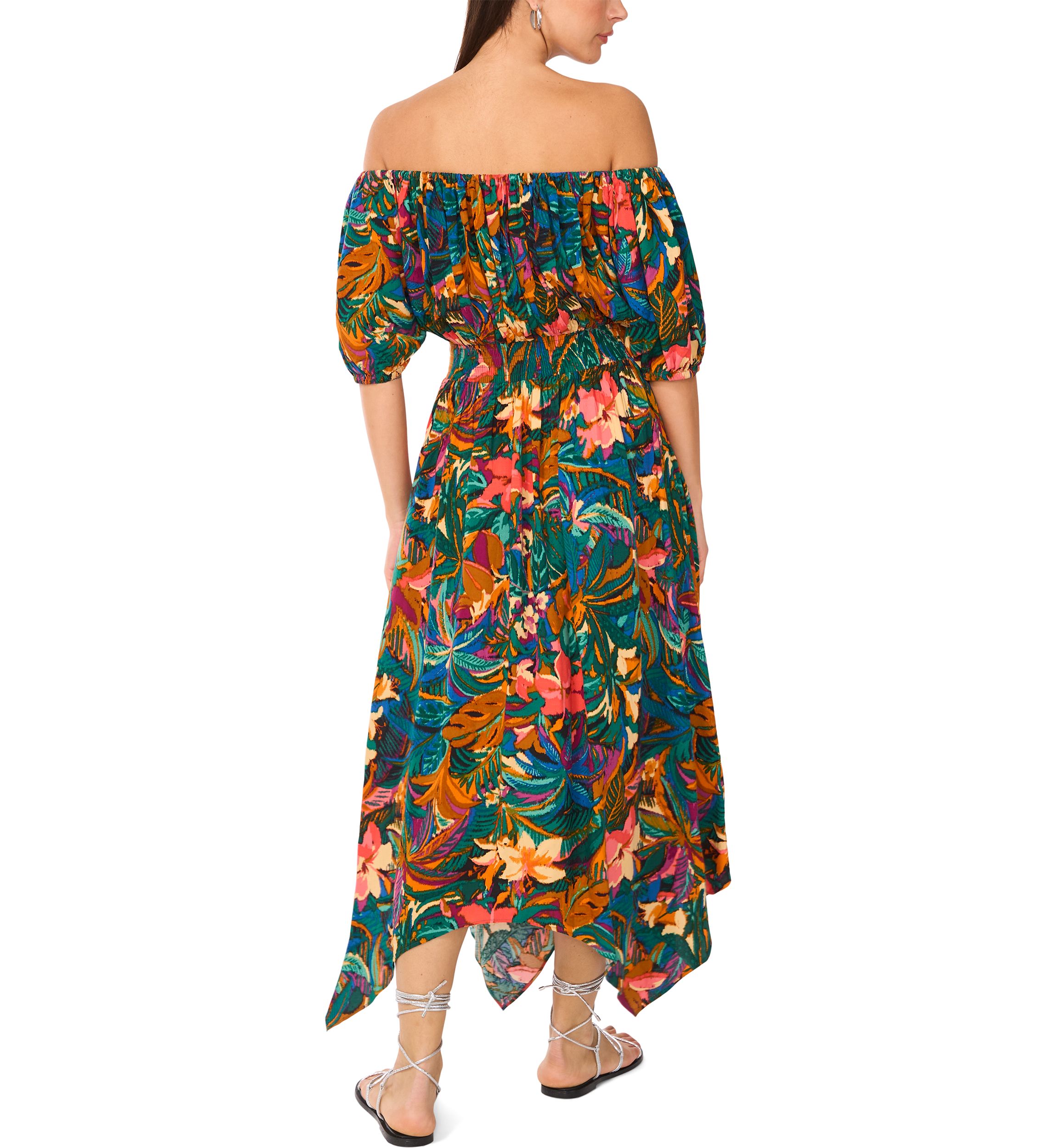 Petite Off the Shoulder Puff Sleeve Printed Midi Dress with Elastic Waistband