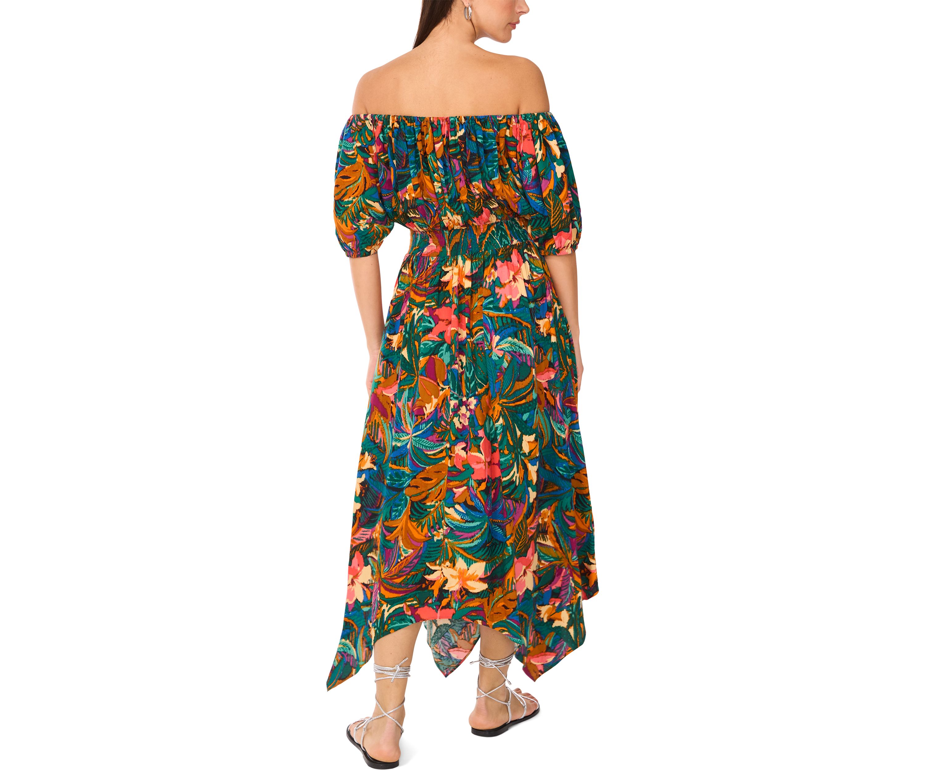 Petite Off the Shoulder Puff Sleeve Printed Midi Dress with Elastic Waistband