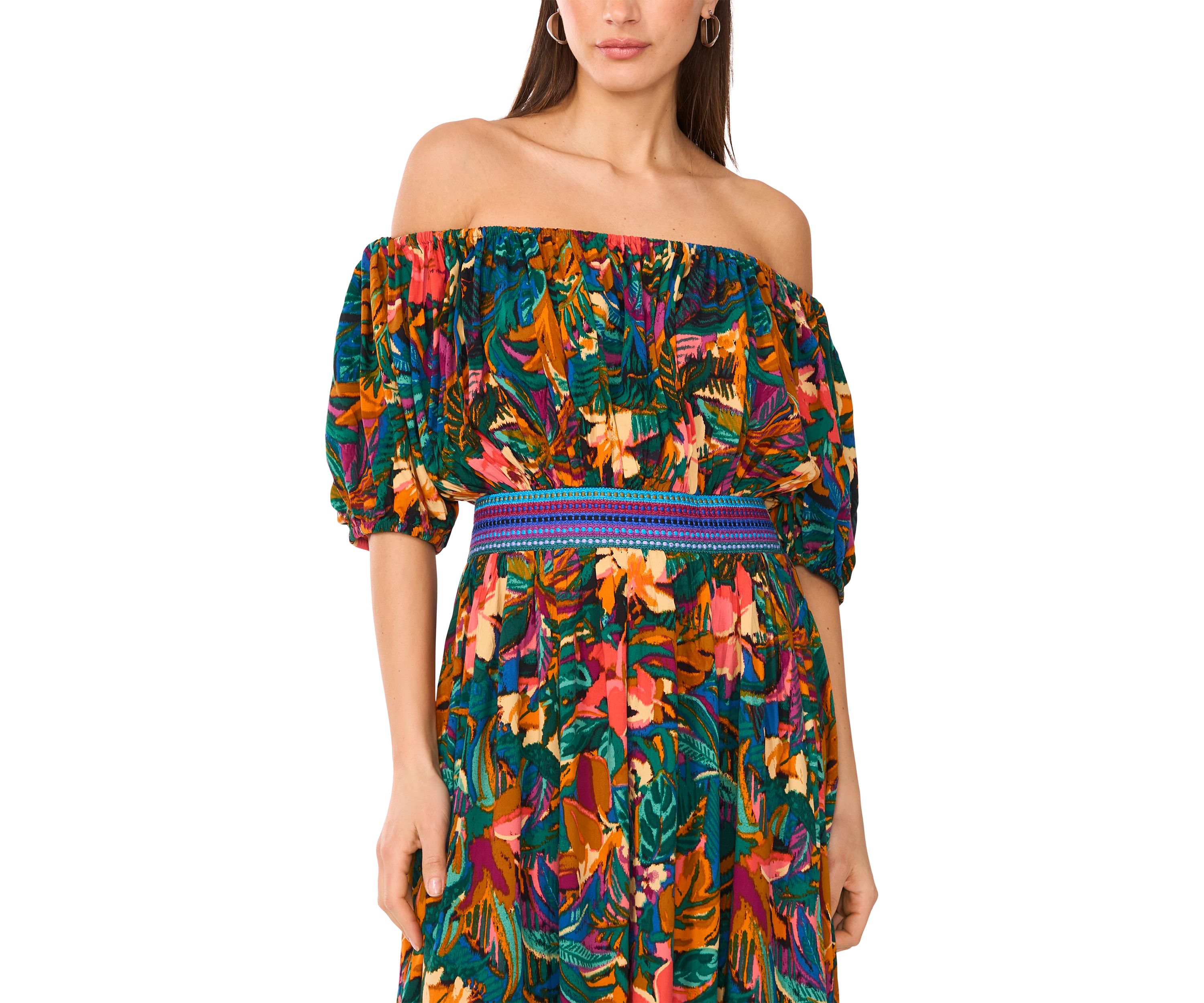 Petite Off the Shoulder Puff Sleeve Printed Midi Dress with Elastic Waistband