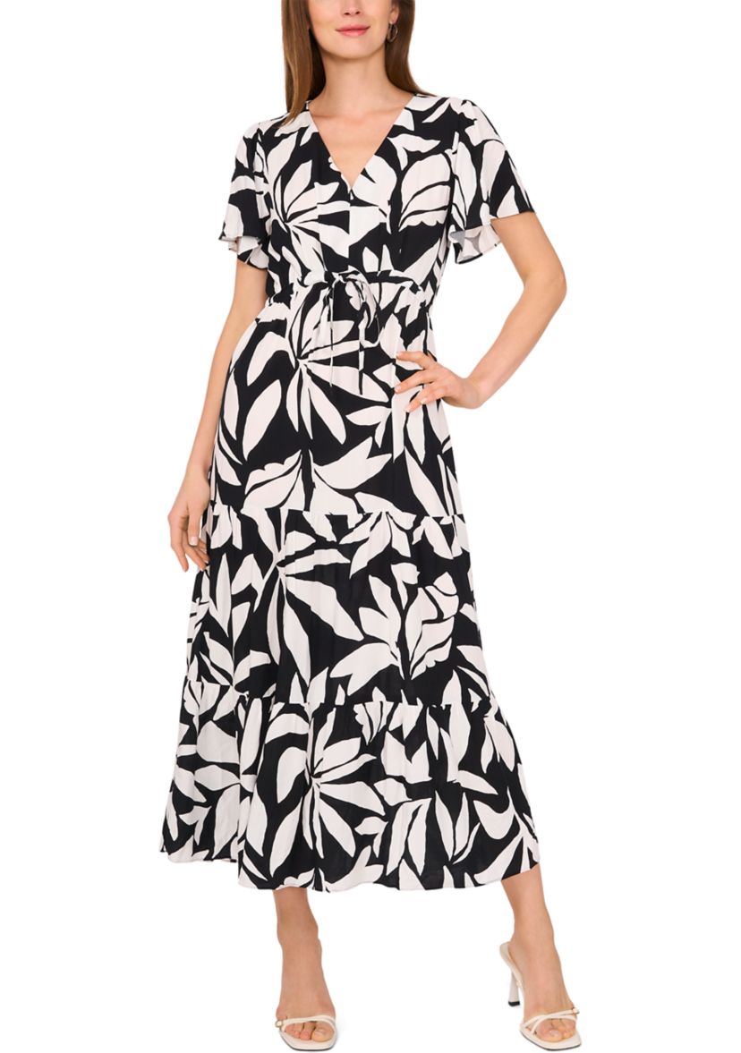 Petite Flutter Sleeve Tie Waist Dress