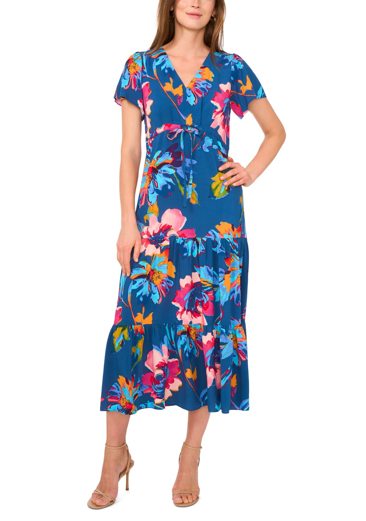 Petite Flutter Sleeve Tie Waist Dress