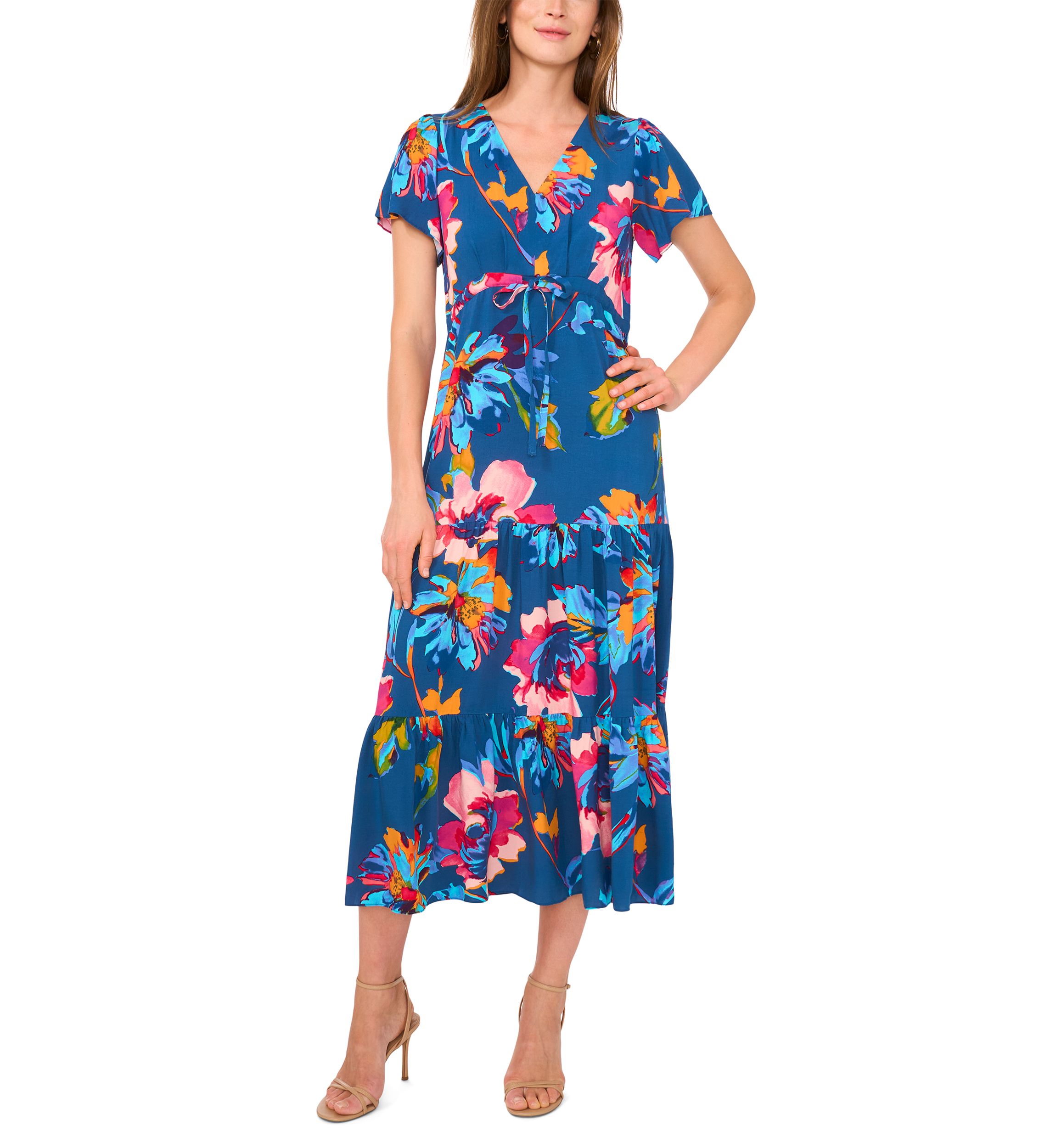 Petite Flutter Sleeve Tie Waist Dress