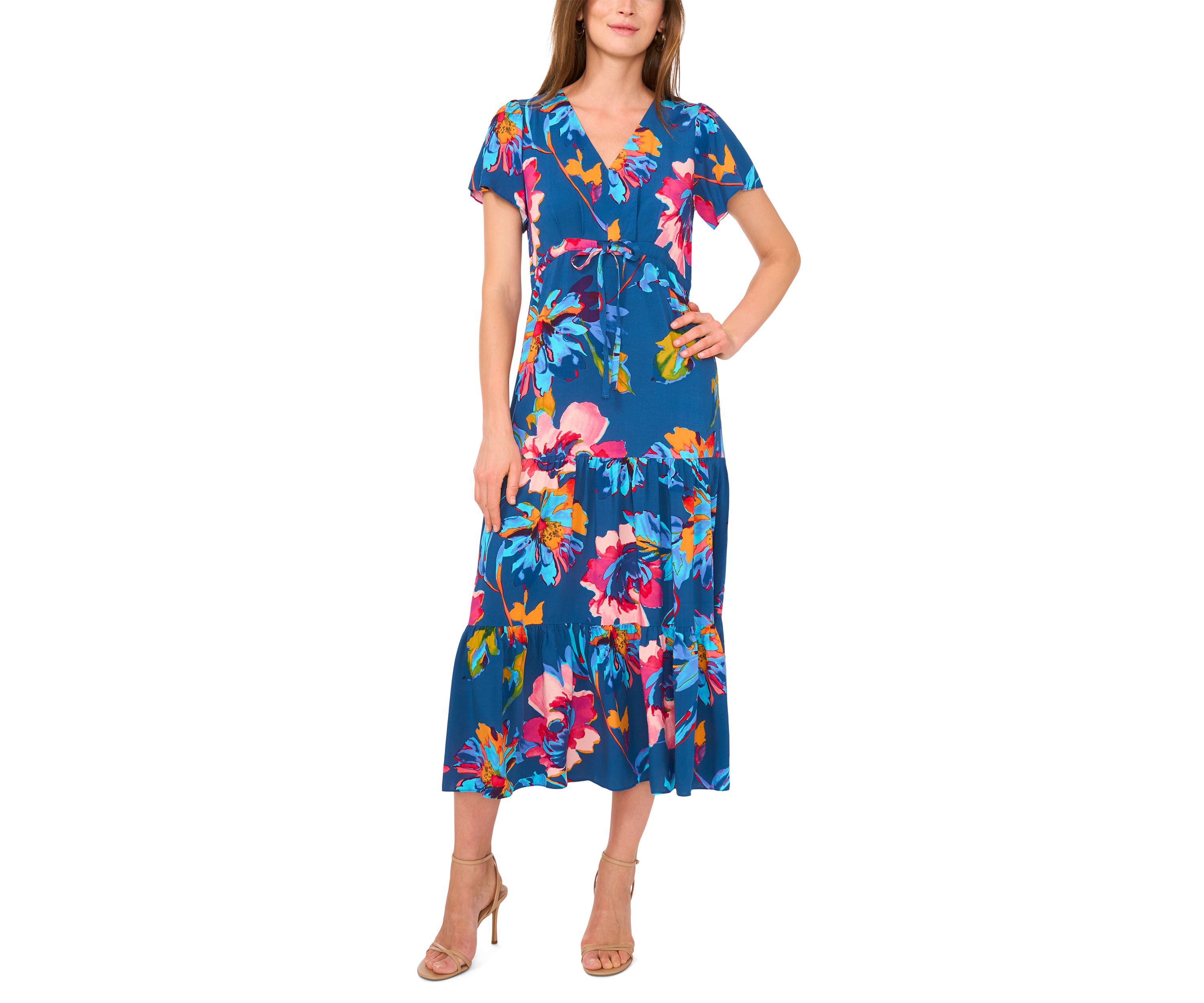 Petite Flutter Sleeve Tie Waist Dress