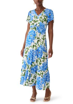 Vince Camuto Women's Petite Challis Short Sleeve Midi Dress, Blue, PL