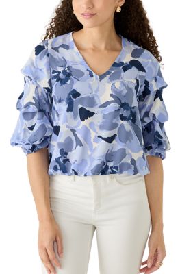 Vince Camuto Women's Petite V-Neck Cha Cha Sleeve Blouse, Blue, PM