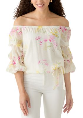 Vince Camuto Women's Petite Printed Off the Shoulder Blouse