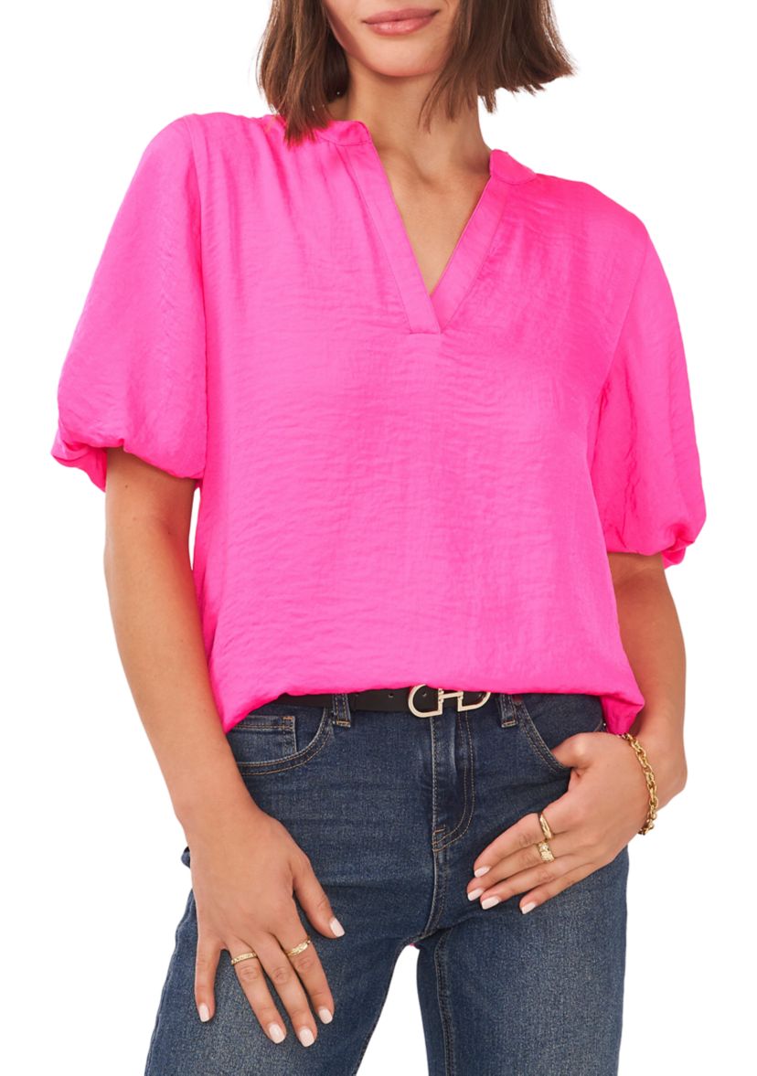 Petite Puff Sleeve Blouse with V-Neck 