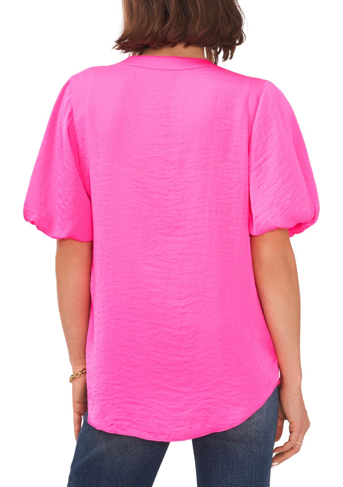 Petite Puff Sleeve Blouse with V-Neck 