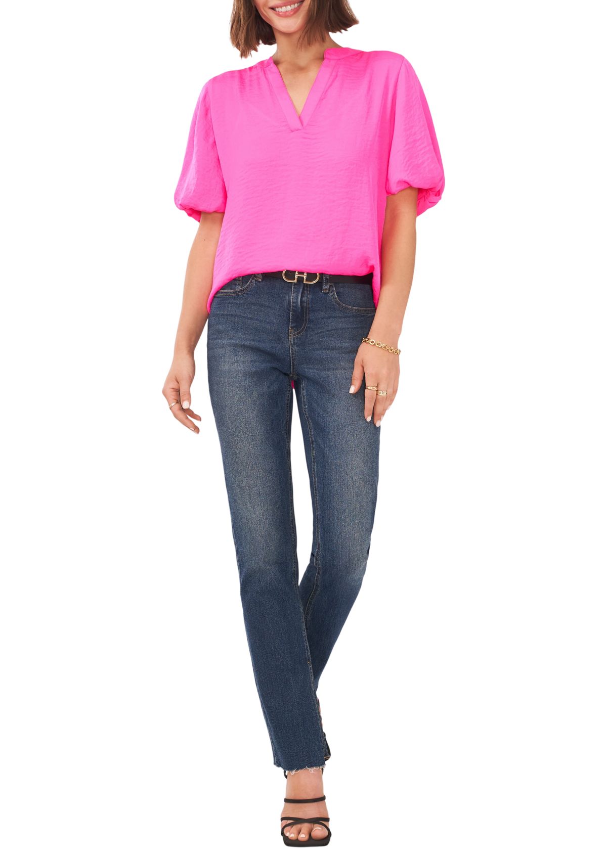 Petite Puff Sleeve Blouse with V-Neck 