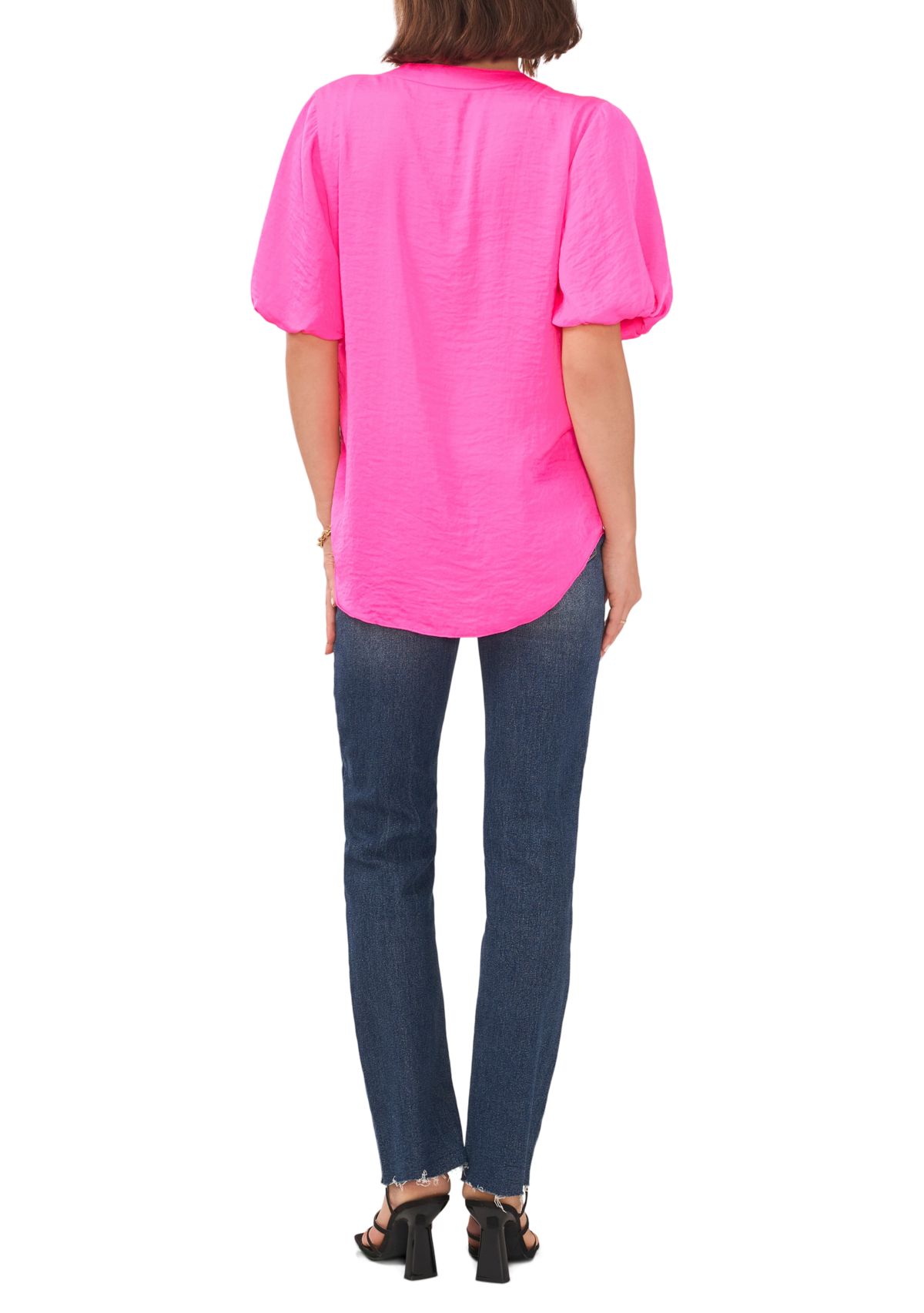 Petite Puff Sleeve Blouse with V-Neck 